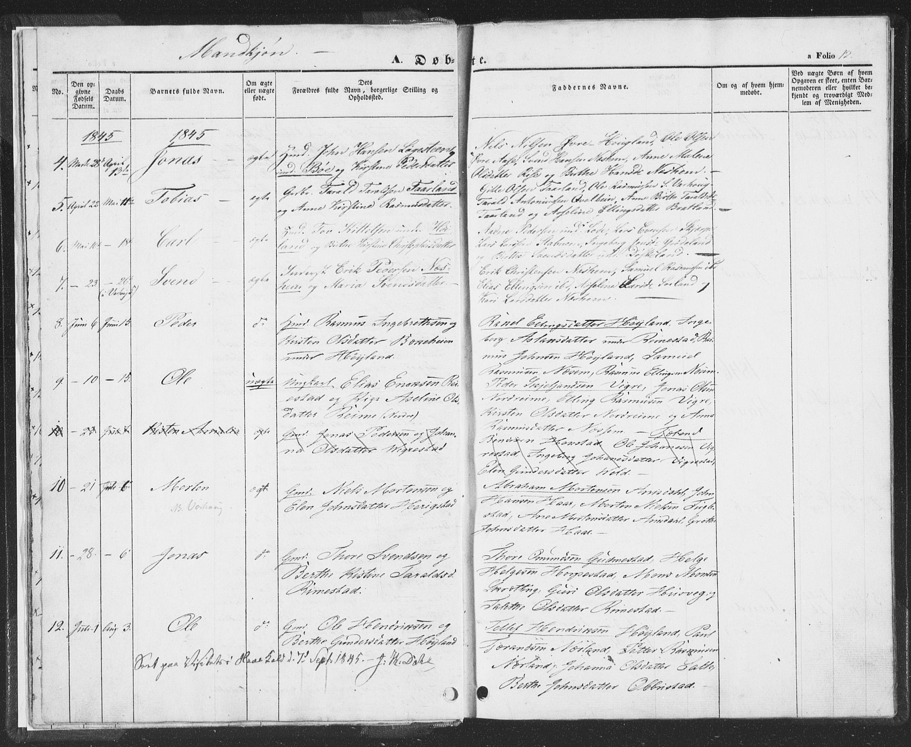 Hå sokneprestkontor, AV/SAST-A-101801/001/30BA/L0006: Parish register (official) no. A 5, 1842-1853, p. 12