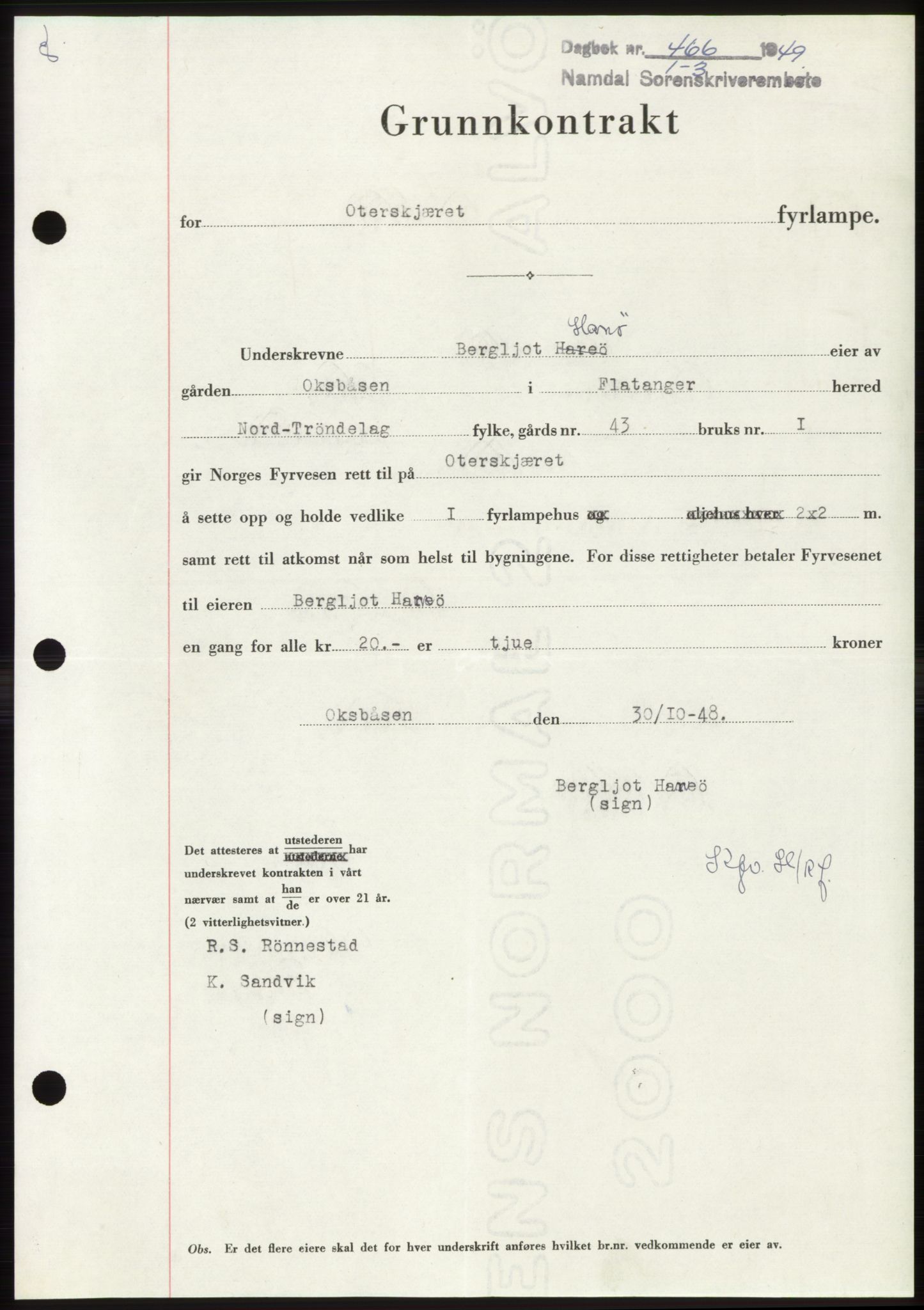 Namdal sorenskriveri, AV/SAT-A-4133/1/2/2C: Mortgage book no. -, 1949-1949, Diary no: : 466/1949