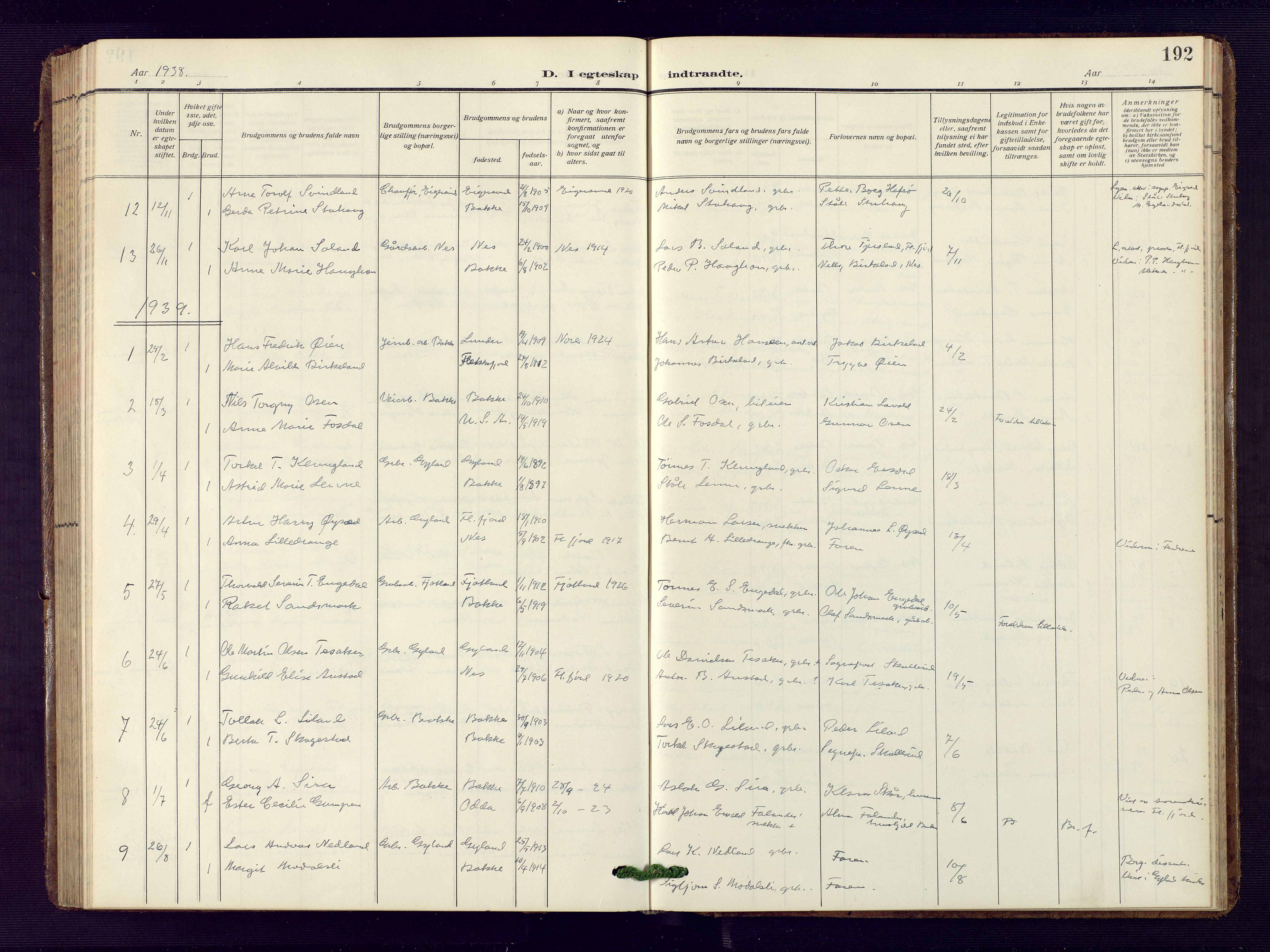 Bakke sokneprestkontor, SAK/1111-0002/F/Fb/Fba/L0004: Parish register (copy) no. B 4, 1911-1946, p. 192