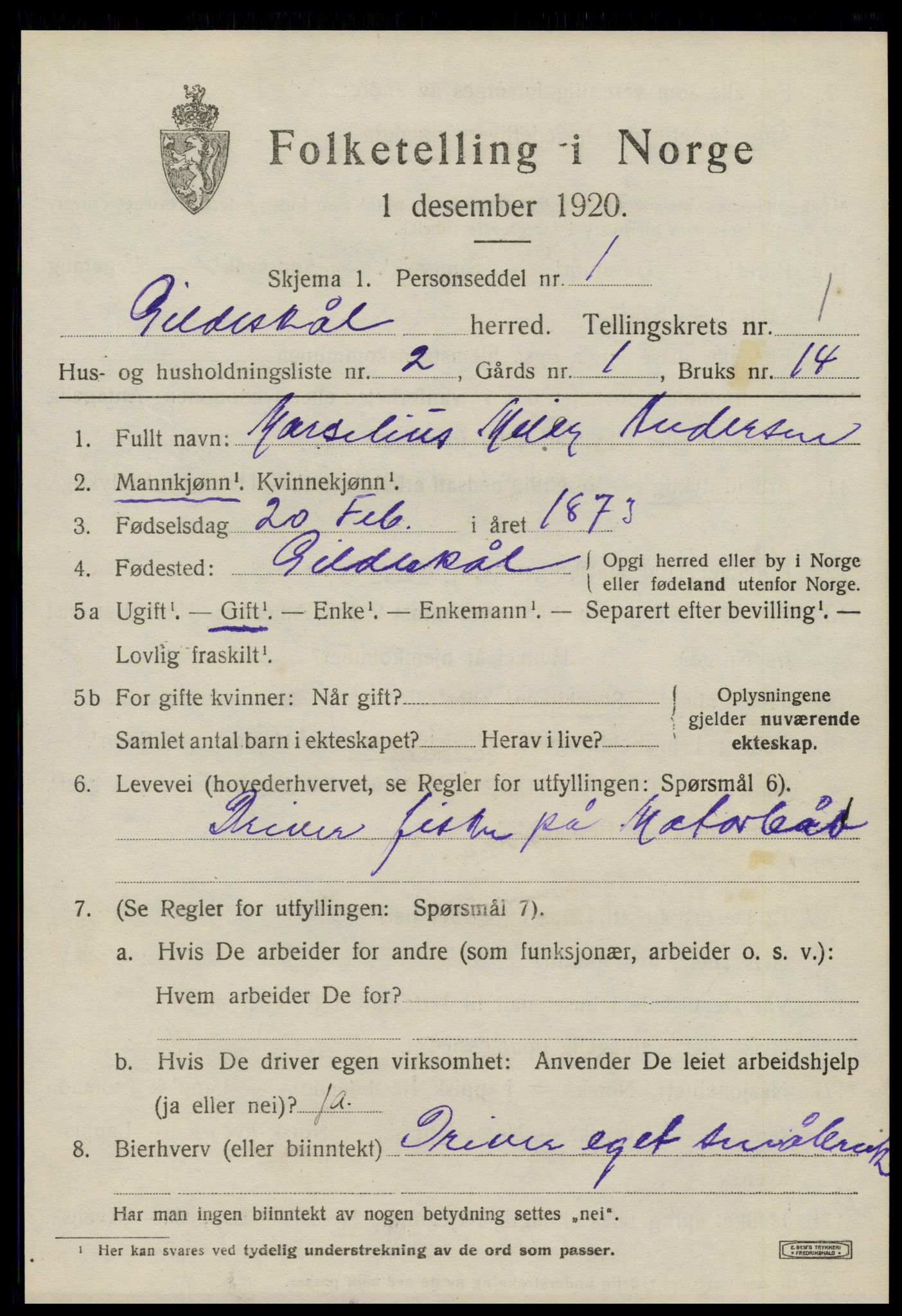 SAT, 1920 census for Gildeskål, 1920, p. 1632