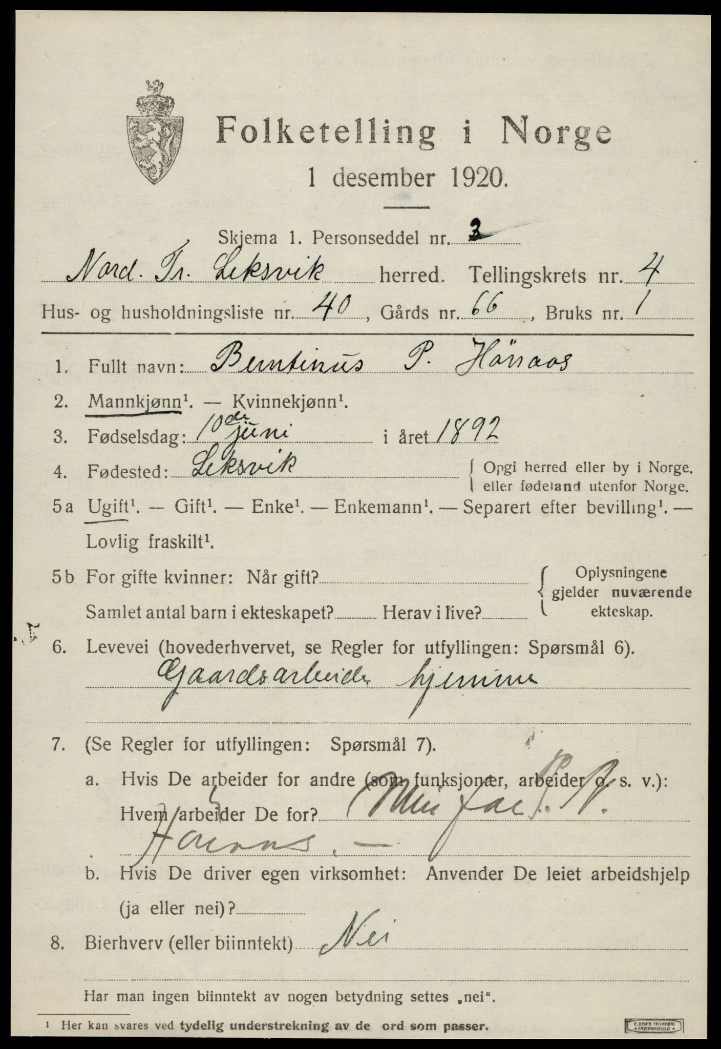 SAT, 1920 census for Leksvik, 1920, p. 4012