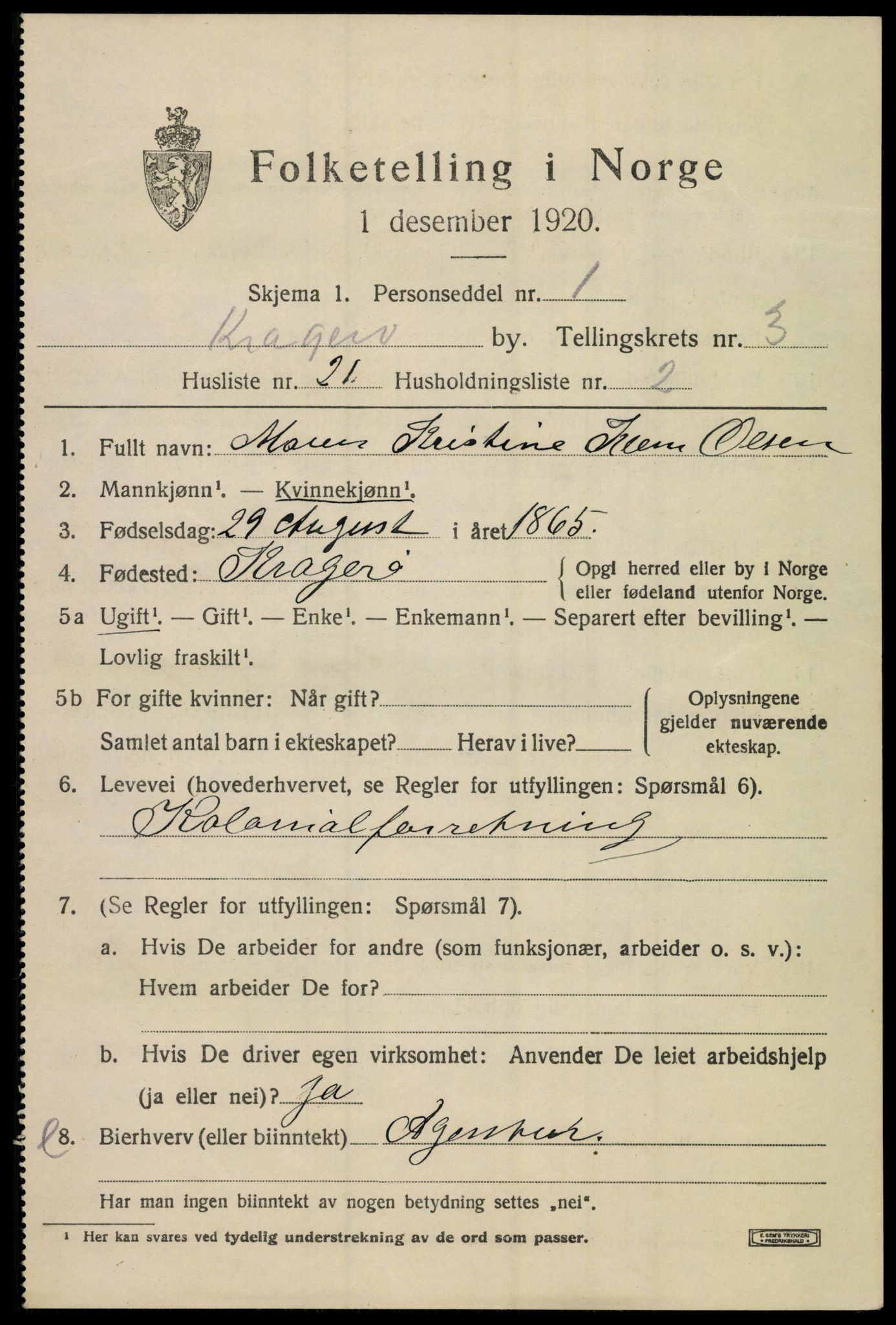 SAKO, 1920 census for Kragerø, 1920, p. 7299