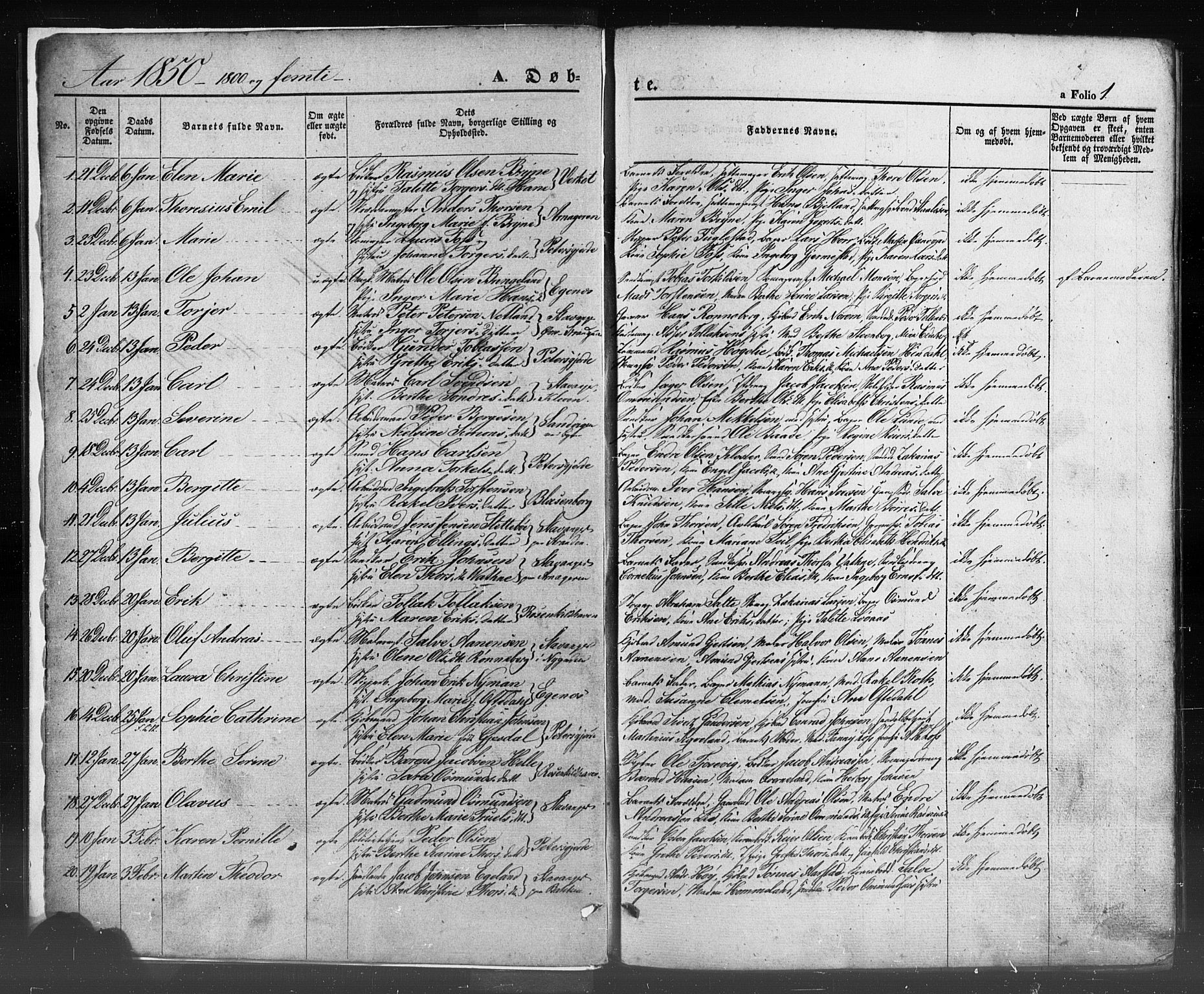 Domkirken sokneprestkontor, SAST/A-101812/001/30/30BB/L0009: Parish register (copy) no. B 9, 1850-1858, p. 1