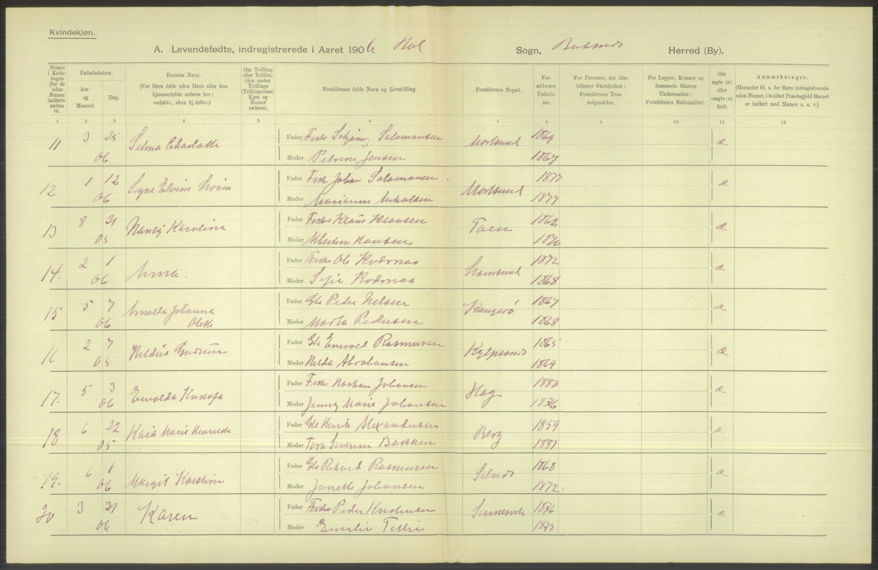 Statistisk sentralbyrå, Sosiodemografiske emner, Befolkning, AV/RA-S-2228/D/Df/Dfa/Dfad/L0044: Nordlands amt: Levendefødte menn og kvinner. Bygder., 1906, p. 88