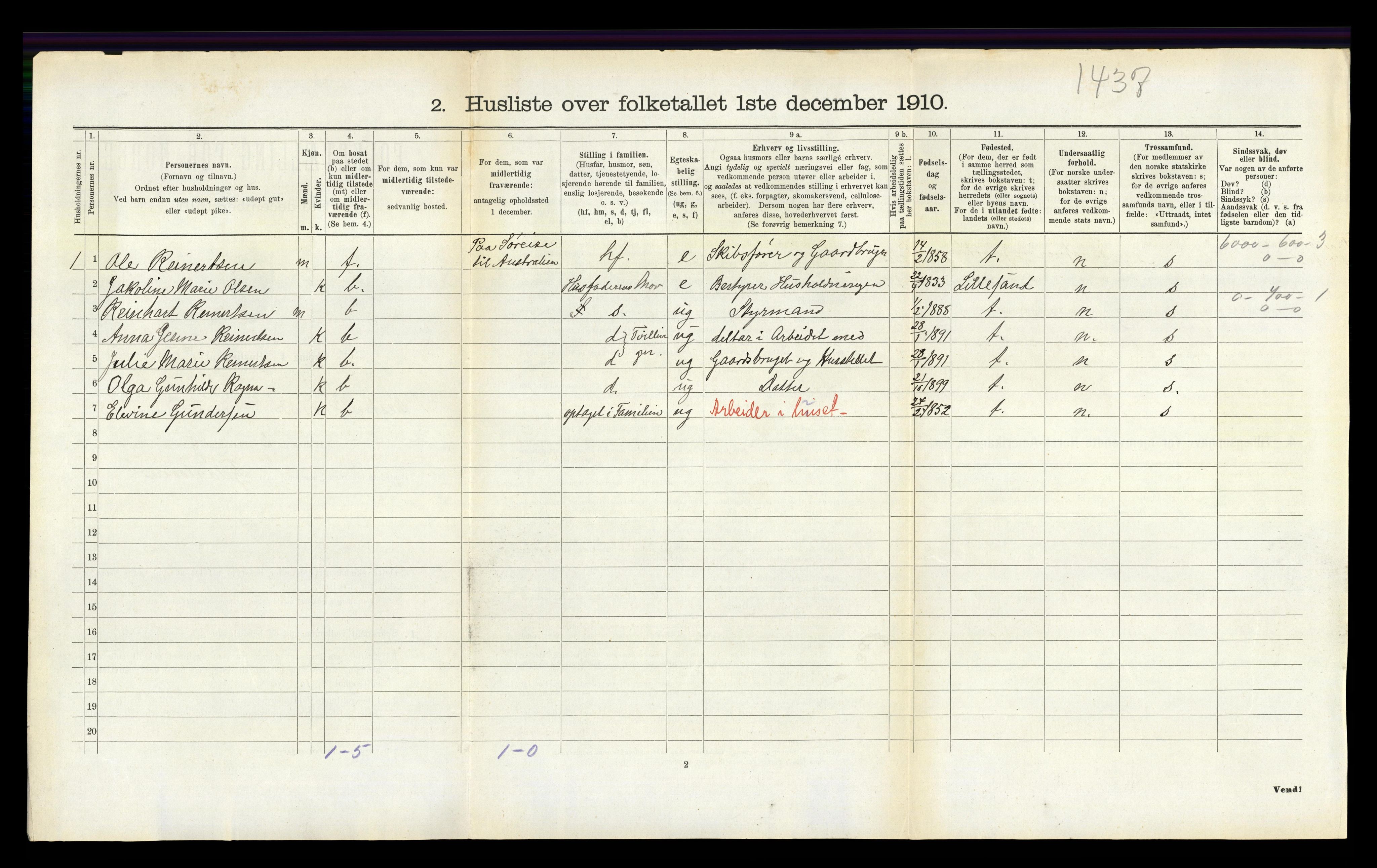 RA, 1910 census for Vestre Moland, 1910, p. 819