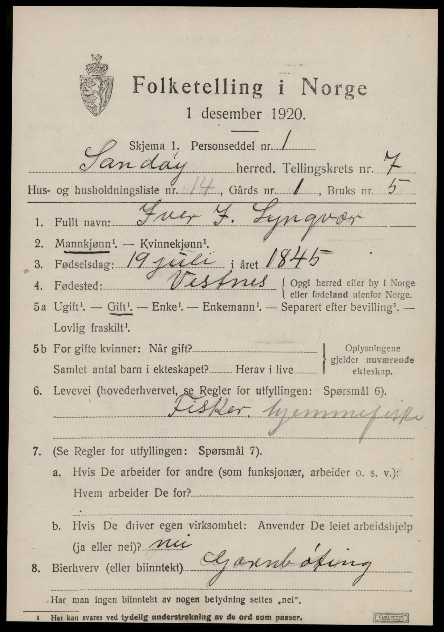 SAT, 1920 census for Sandøy, 1920, p. 2470