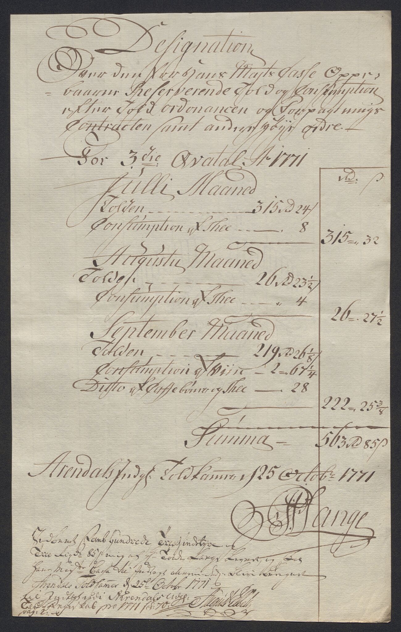 Generaltollkammeret, tollregnskaper, AV/RA-EA-5490/R15/L0070/0003: Tollregnskaper Arendal / Designasjon over inngående tollregnskap, 1771, p. 3