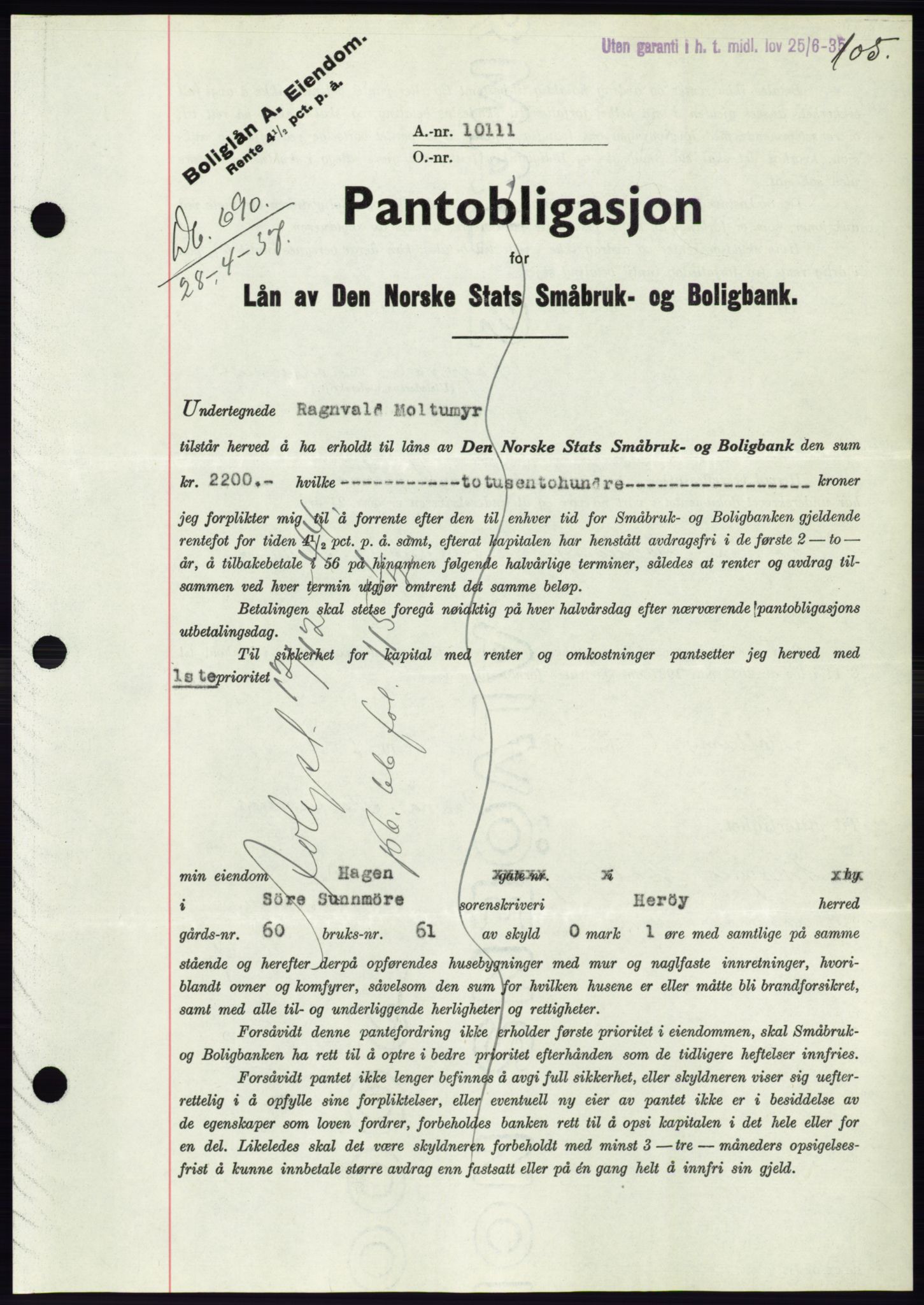 Søre Sunnmøre sorenskriveri, AV/SAT-A-4122/1/2/2C/L0063: Mortgage book no. 57, 1937-1937, Diary no: : 690/1937