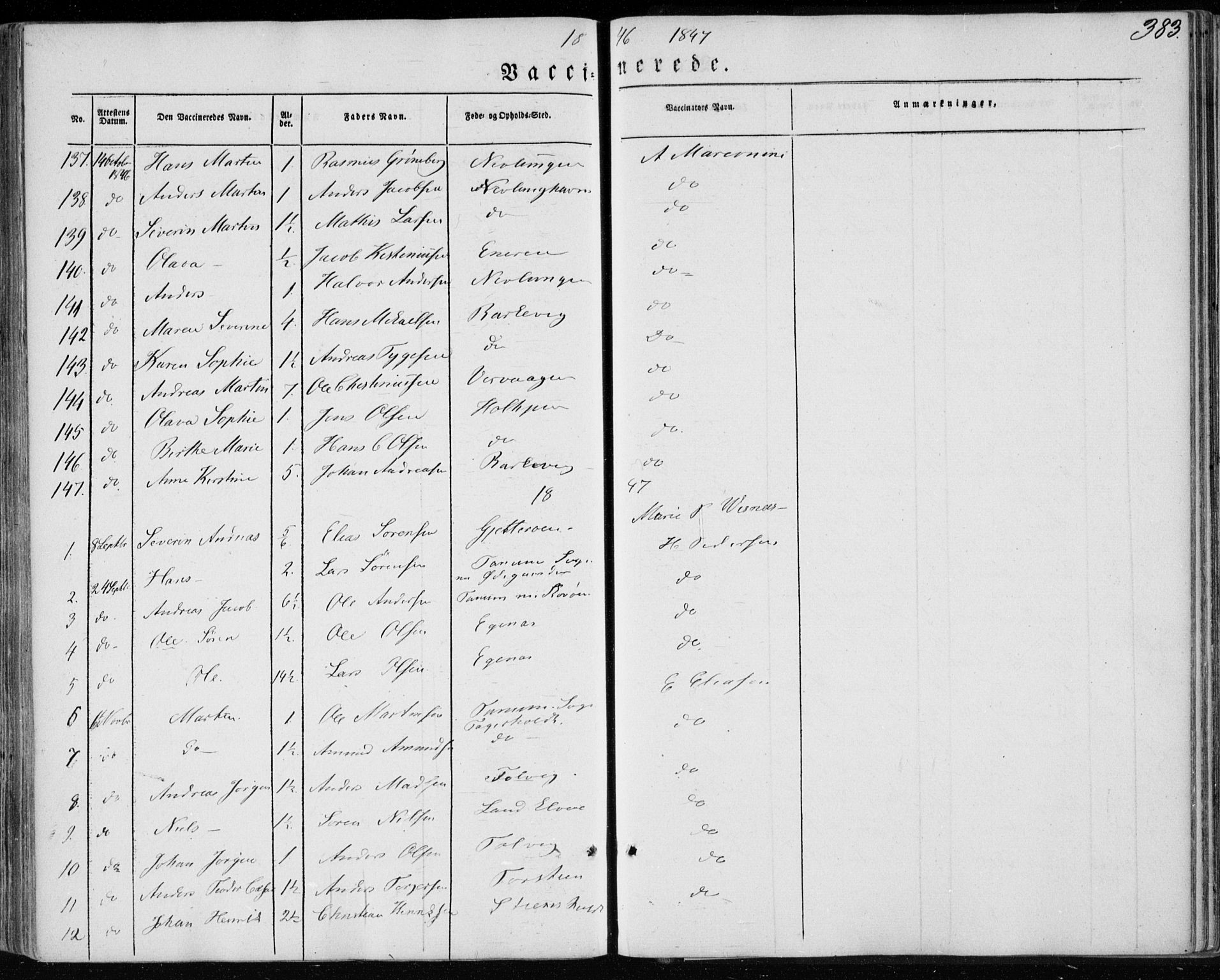 Brunlanes kirkebøker, AV/SAKO-A-342/F/Fa/L0004: Parish register (official) no. I 4, 1846-1862, p. 383