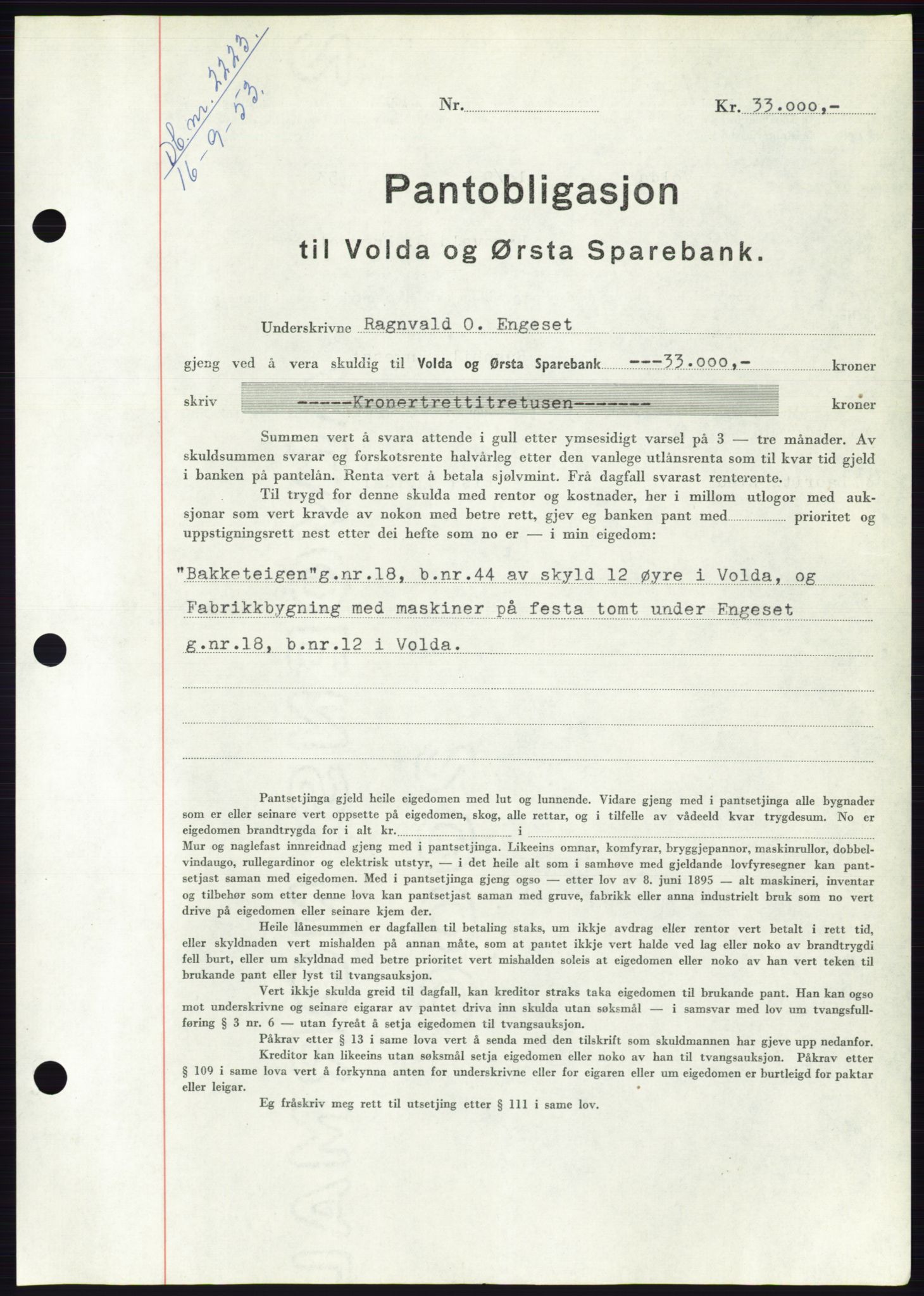 Søre Sunnmøre sorenskriveri, AV/SAT-A-4122/1/2/2C/L0123: Mortgage book no. 11B, 1953-1953, Diary no: : 2223/1953