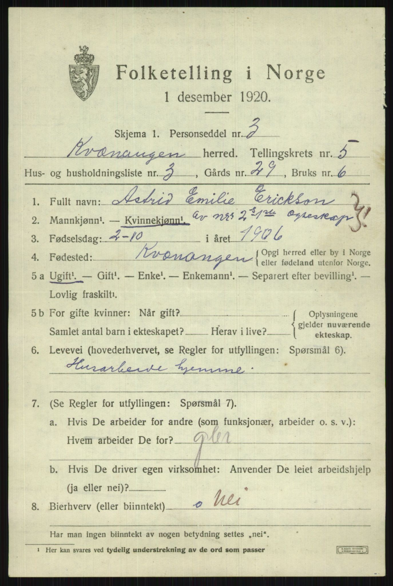 SATØ, 1920 census for Kvænangen, 1920, p. 3090