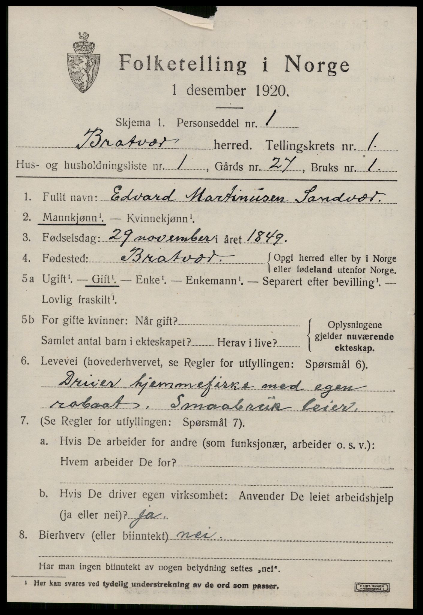 SAT, 1920 census for Brattvær, 1920, p. 496