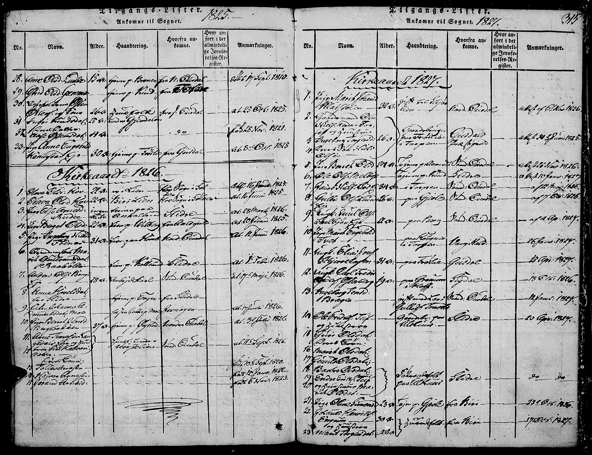 Land prestekontor, SAH/PREST-120/H/Ha/Haa/L0007: Parish register (official) no. 7, 1814-1830, p. 315