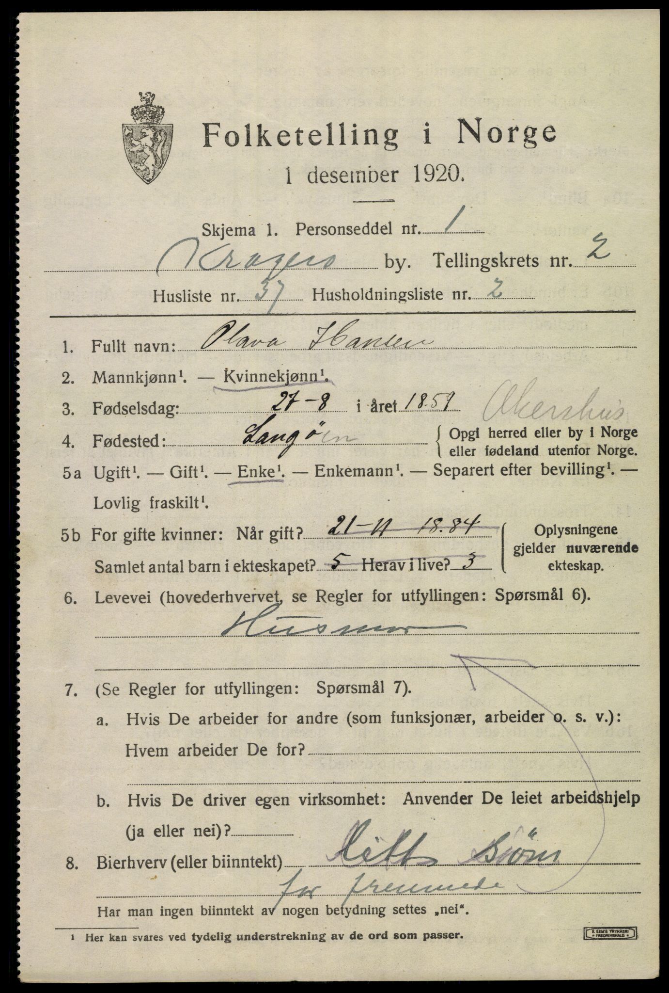 SAKO, 1920 census for Kragerø, 1920, p. 5797