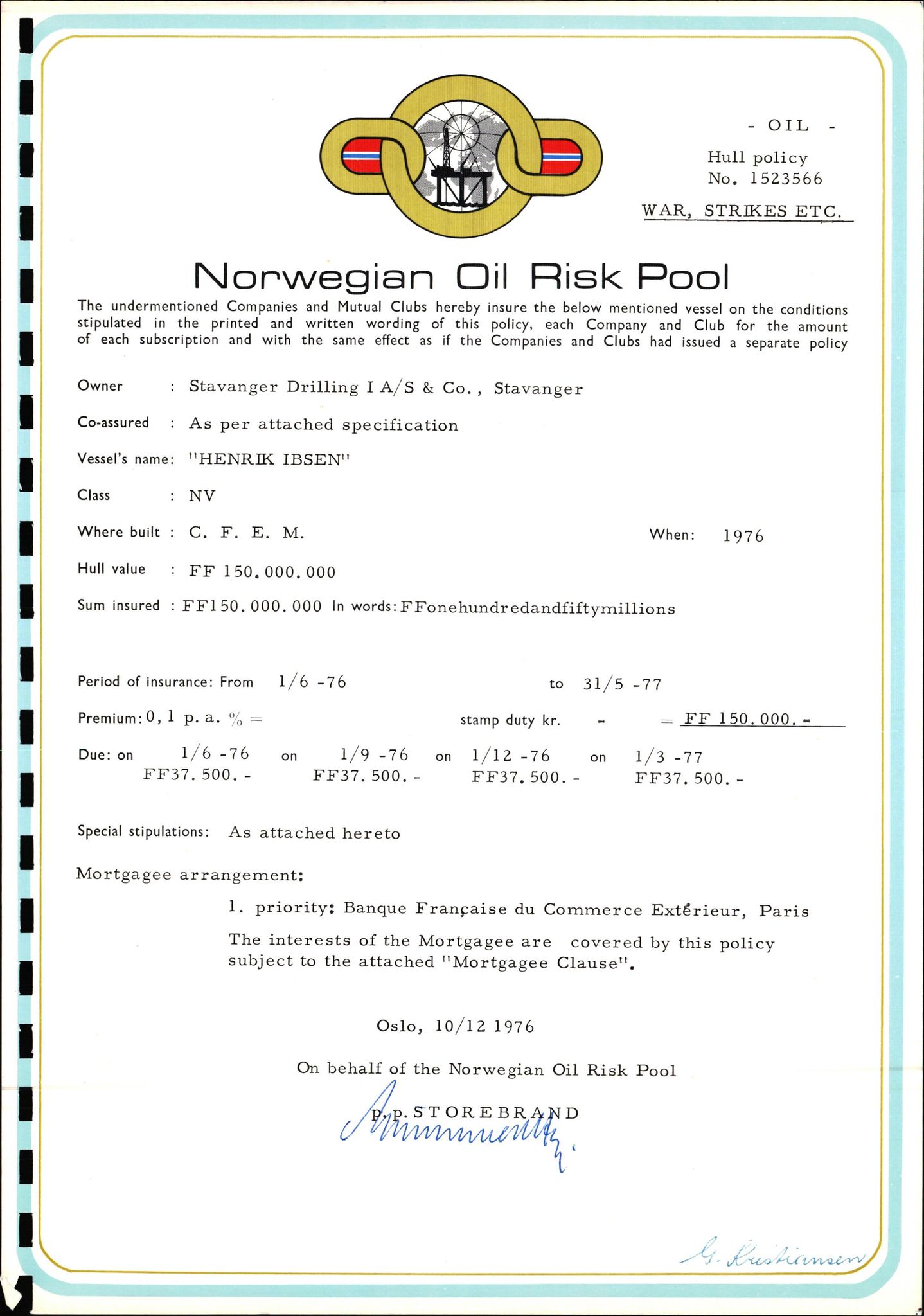 Pa 1503 - Stavanger Drilling AS, AV/SAST-A-101906/2/E/Ec/Eca/L0009: Forsikring, 1975-1980