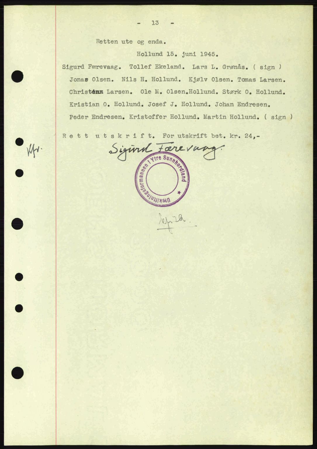 Sunnhordland sorenskrivar, AV/SAB-A-2401: Mortgage book no. A77, 1945-1945, Diary no: : 1282/1945