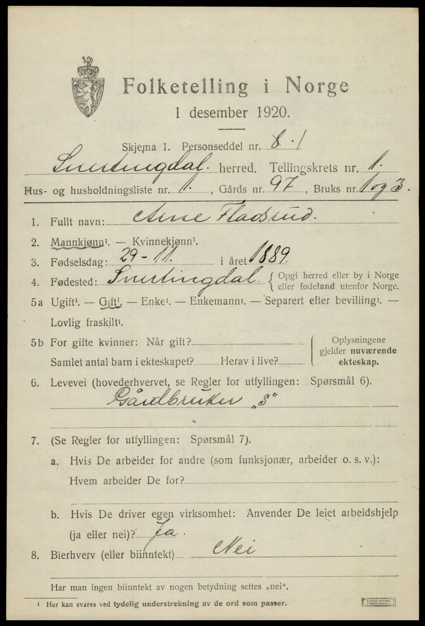 SAH, 1920 census for Snertingdal, 1920, p. 757