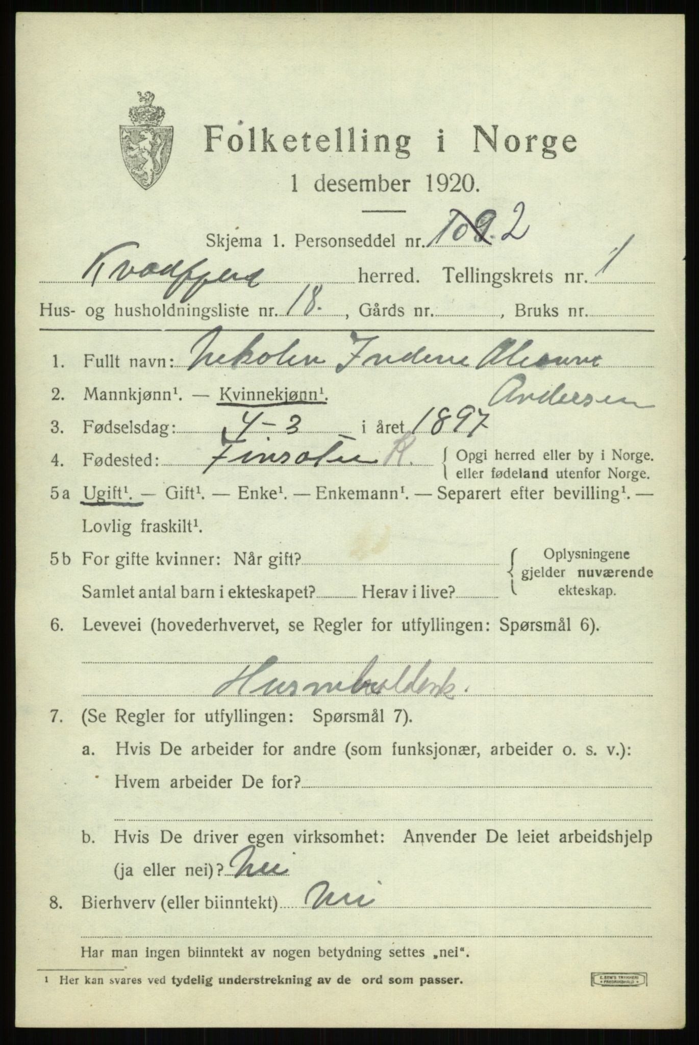 SATØ, 1920 census for Kvæfjord, 1920, p. 1391