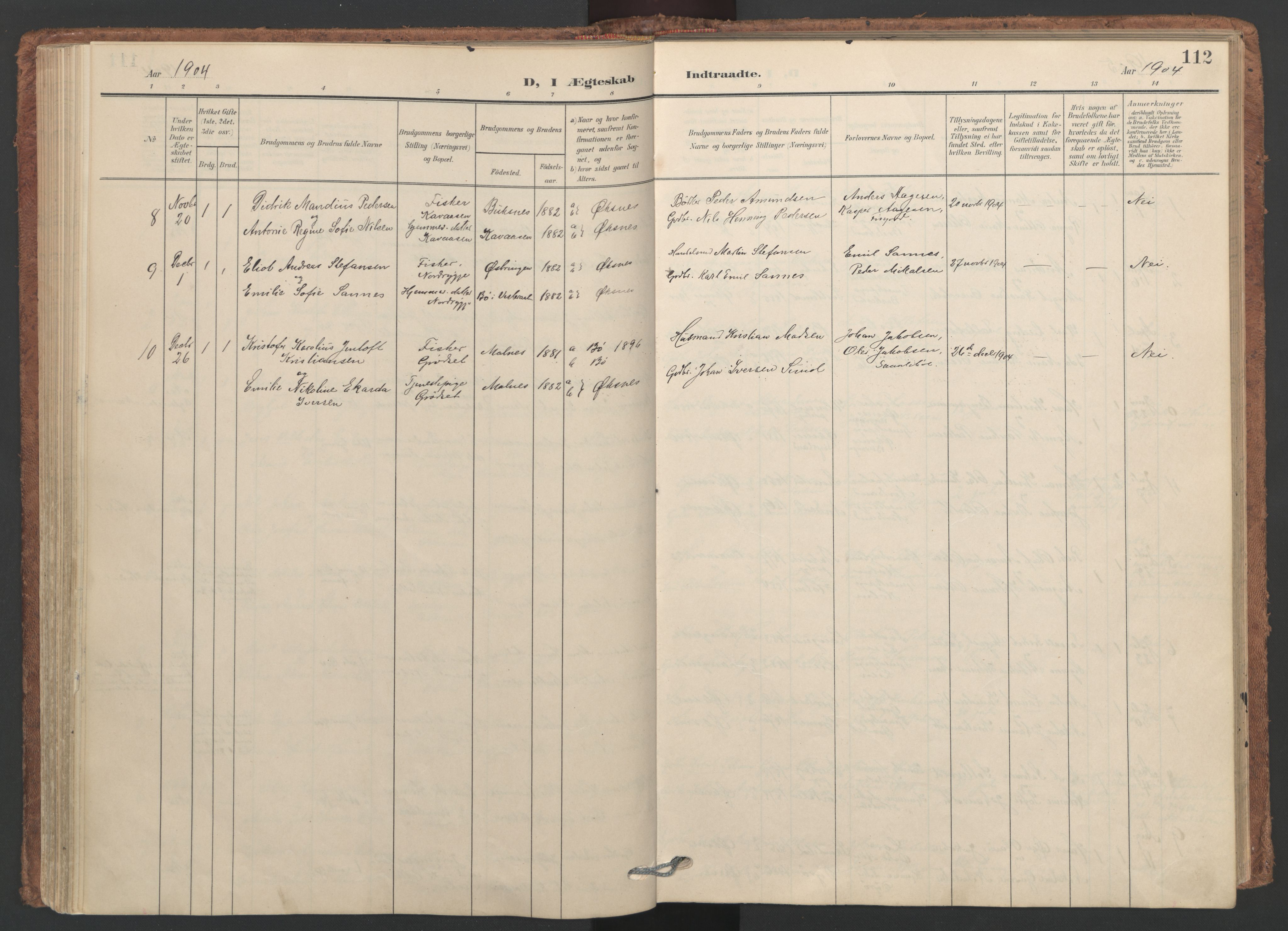 Ministerialprotokoller, klokkerbøker og fødselsregistre - Nordland, SAT/A-1459/893/L1339: Parish register (official) no. 893A11, 1904-1914, p. 112