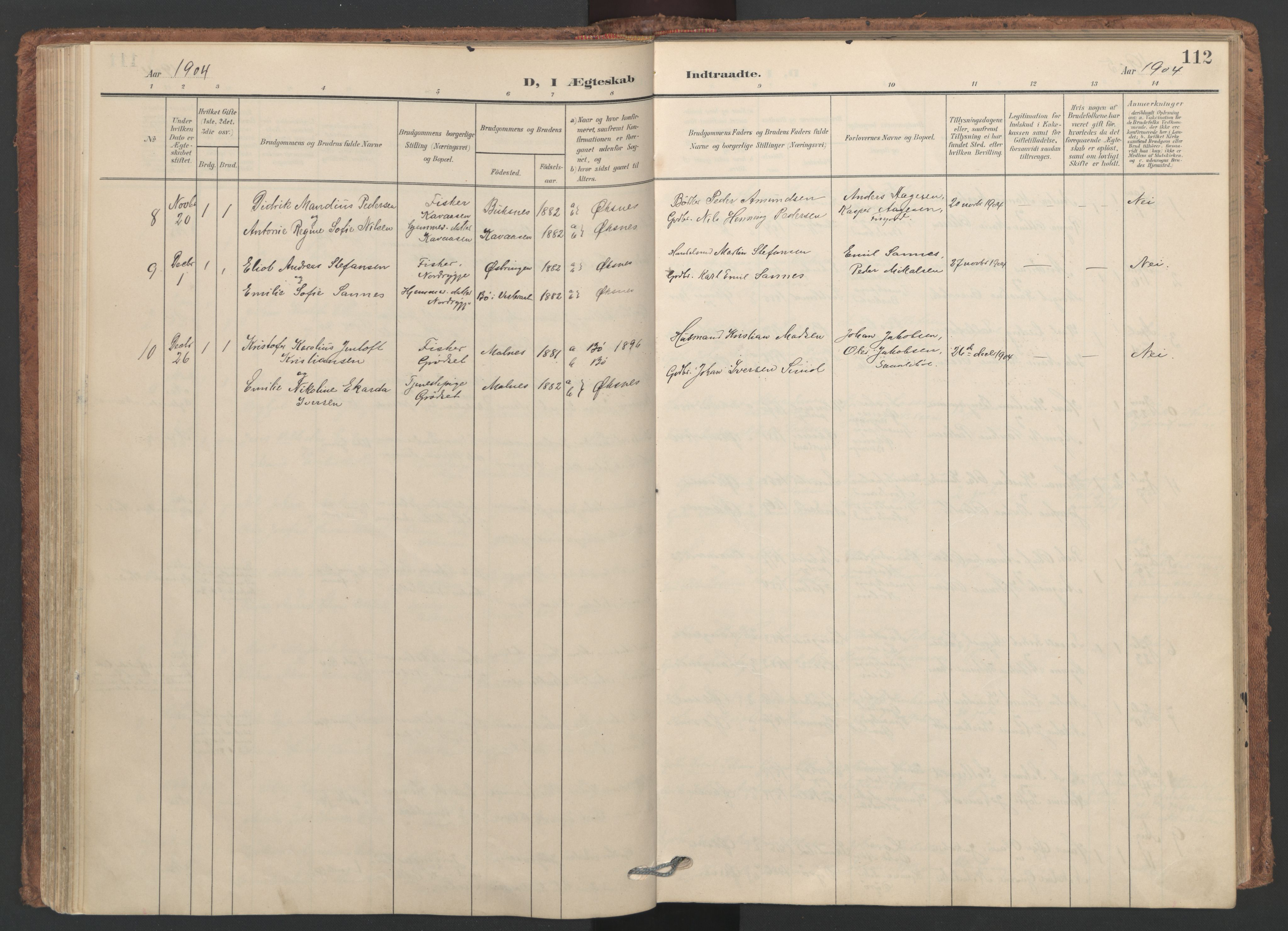 Ministerialprotokoller, klokkerbøker og fødselsregistre - Nordland, AV/SAT-A-1459/893/L1339: Parish register (official) no. 893A11, 1904-1914, p. 112