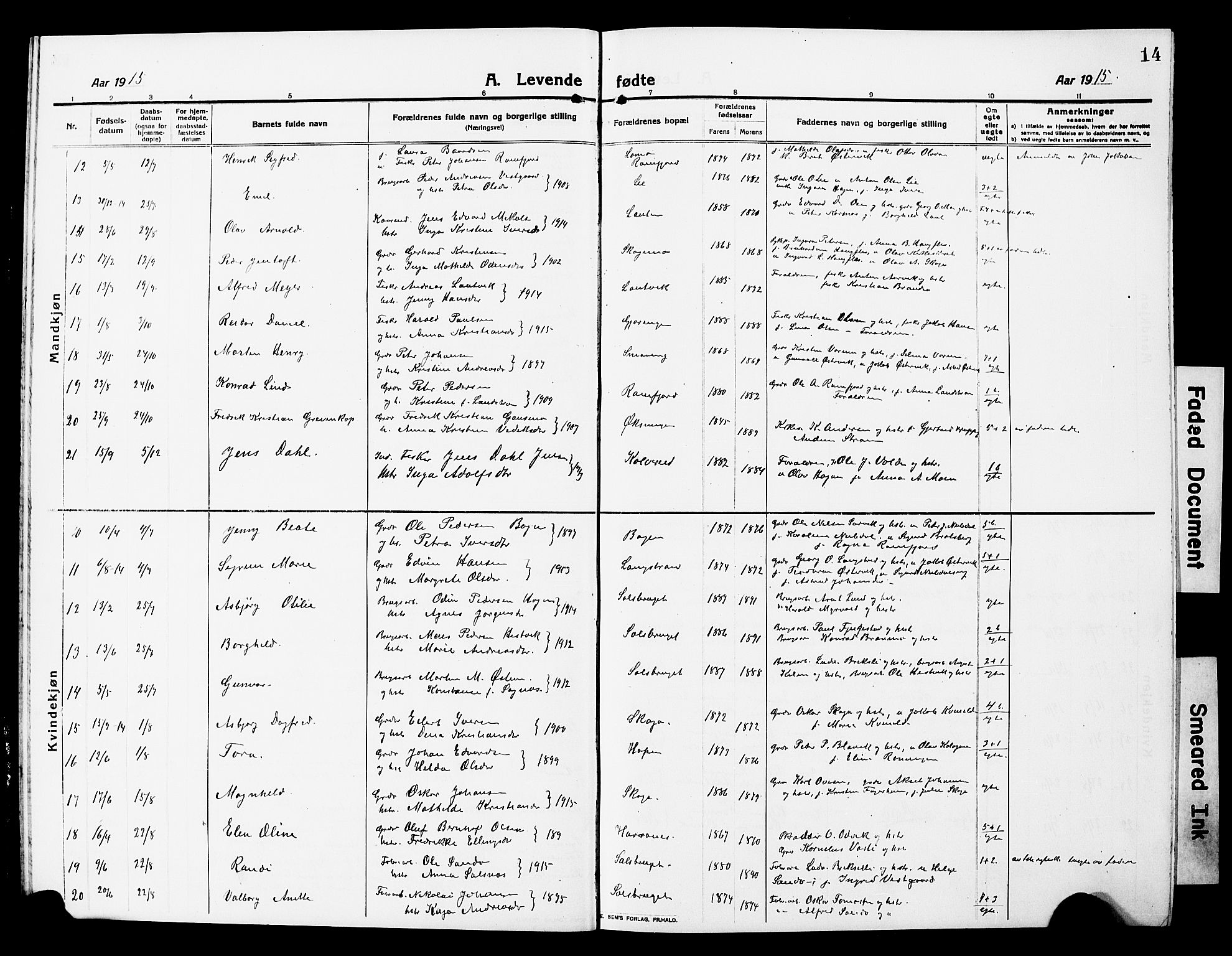 Ministerialprotokoller, klokkerbøker og fødselsregistre - Nord-Trøndelag, SAT/A-1458/780/L0653: Parish register (copy) no. 780C05, 1911-1927, p. 14
