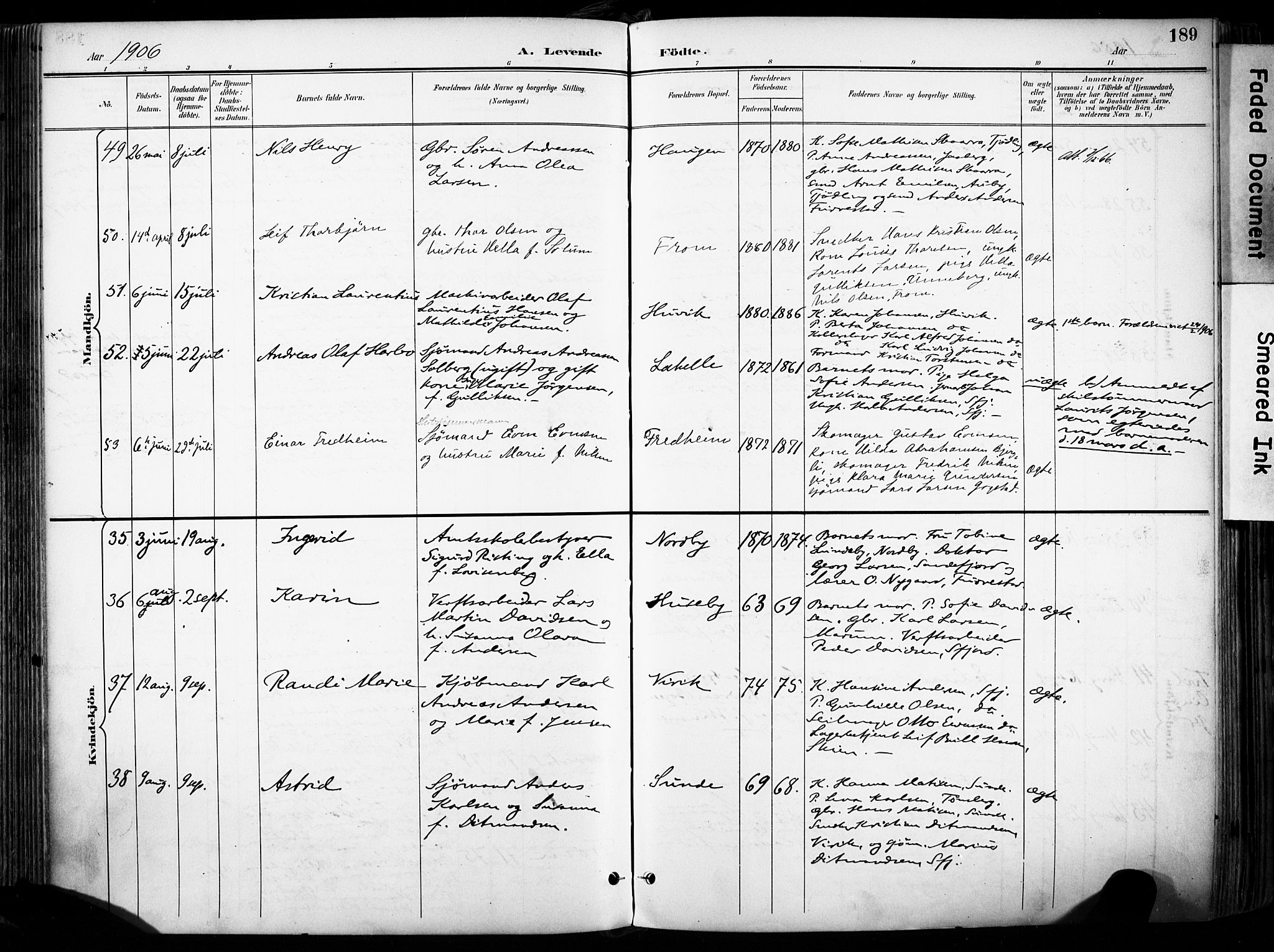 Sandar kirkebøker, SAKO/A-243/F/Fa/L0014: Parish register (official) no. 14, 1896-1909, p. 189