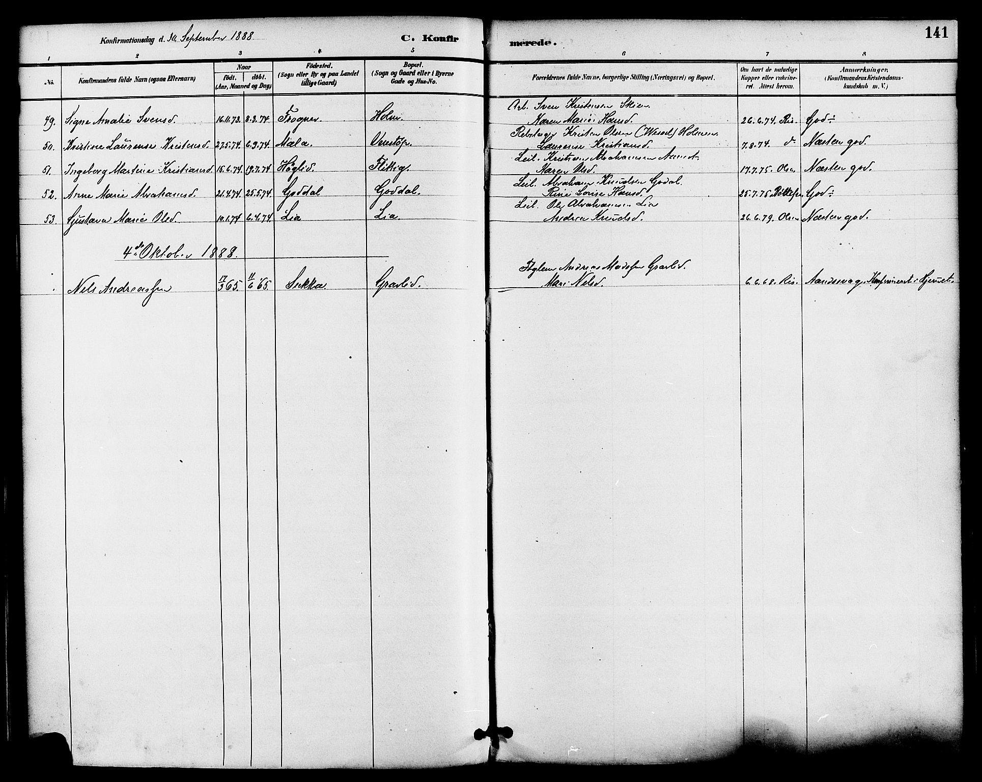 Gjerpen kirkebøker, SAKO/A-265/F/Fa/L0010: Parish register (official) no. I 10, 1886-1895, p. 141