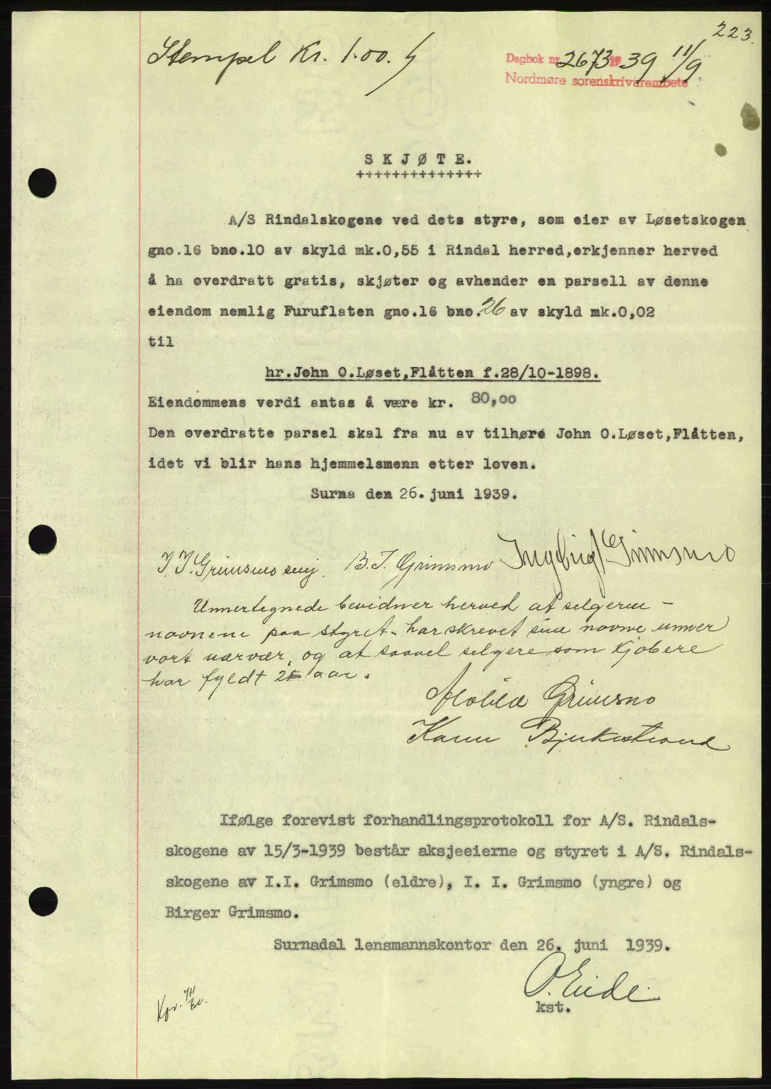 Nordmøre sorenskriveri, AV/SAT-A-4132/1/2/2Ca: Mortgage book no. A87, 1939-1940, Diary no: : 2673/1939