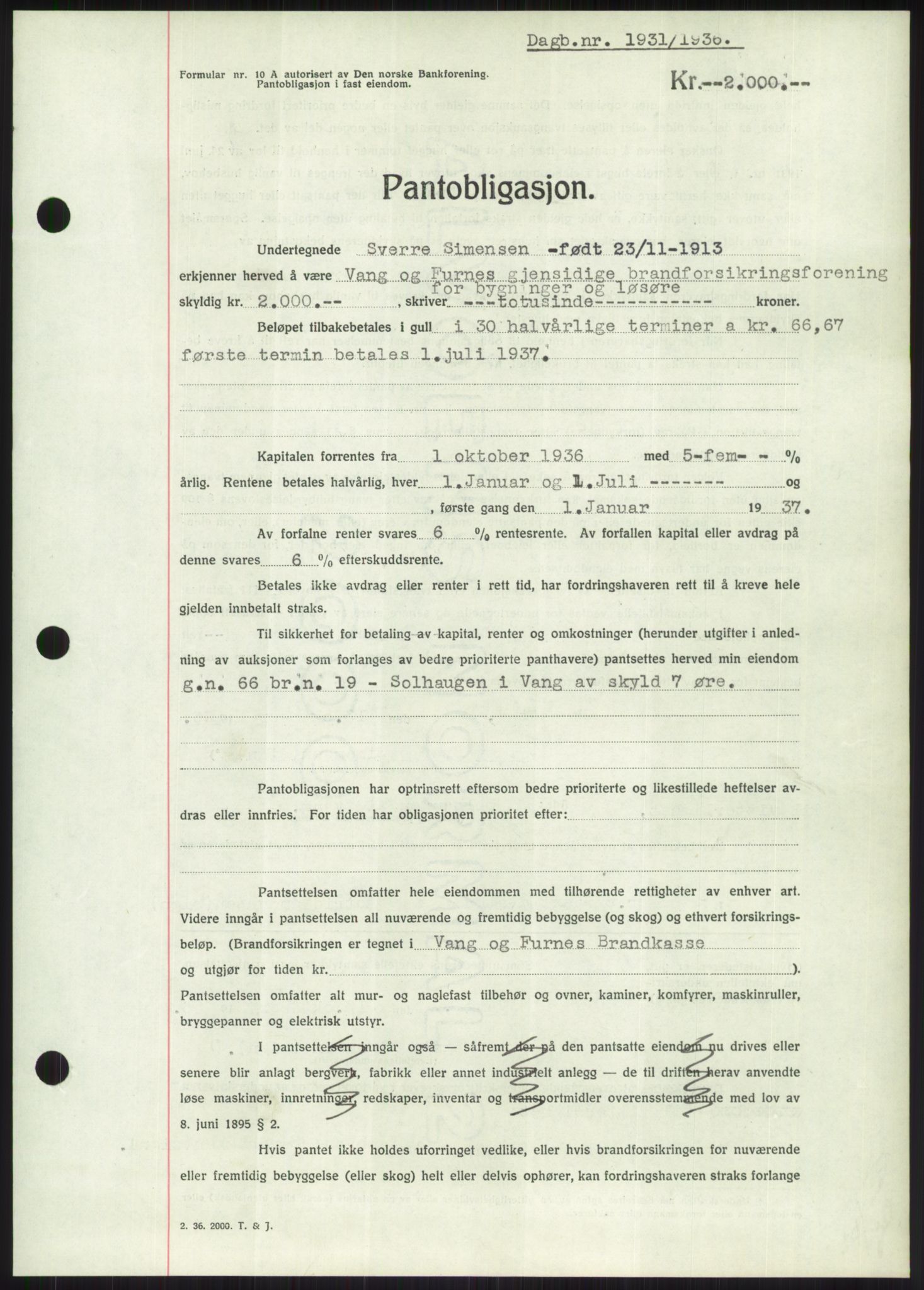 Nord-Hedmark sorenskriveri, SAH/TING-012/H/Hb/Hbf/L0001: Mortgage book no. B1, 1936-1936, Diary no: : 1931/1936