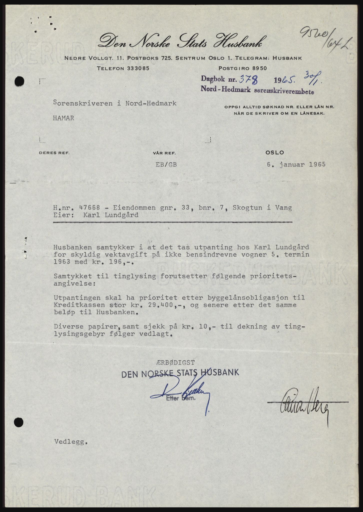 Nord-Hedmark sorenskriveri, SAH/TING-012/H/Hc/L0021: Mortgage book no. 21, 1964-1965, Diary no: : 378/1965