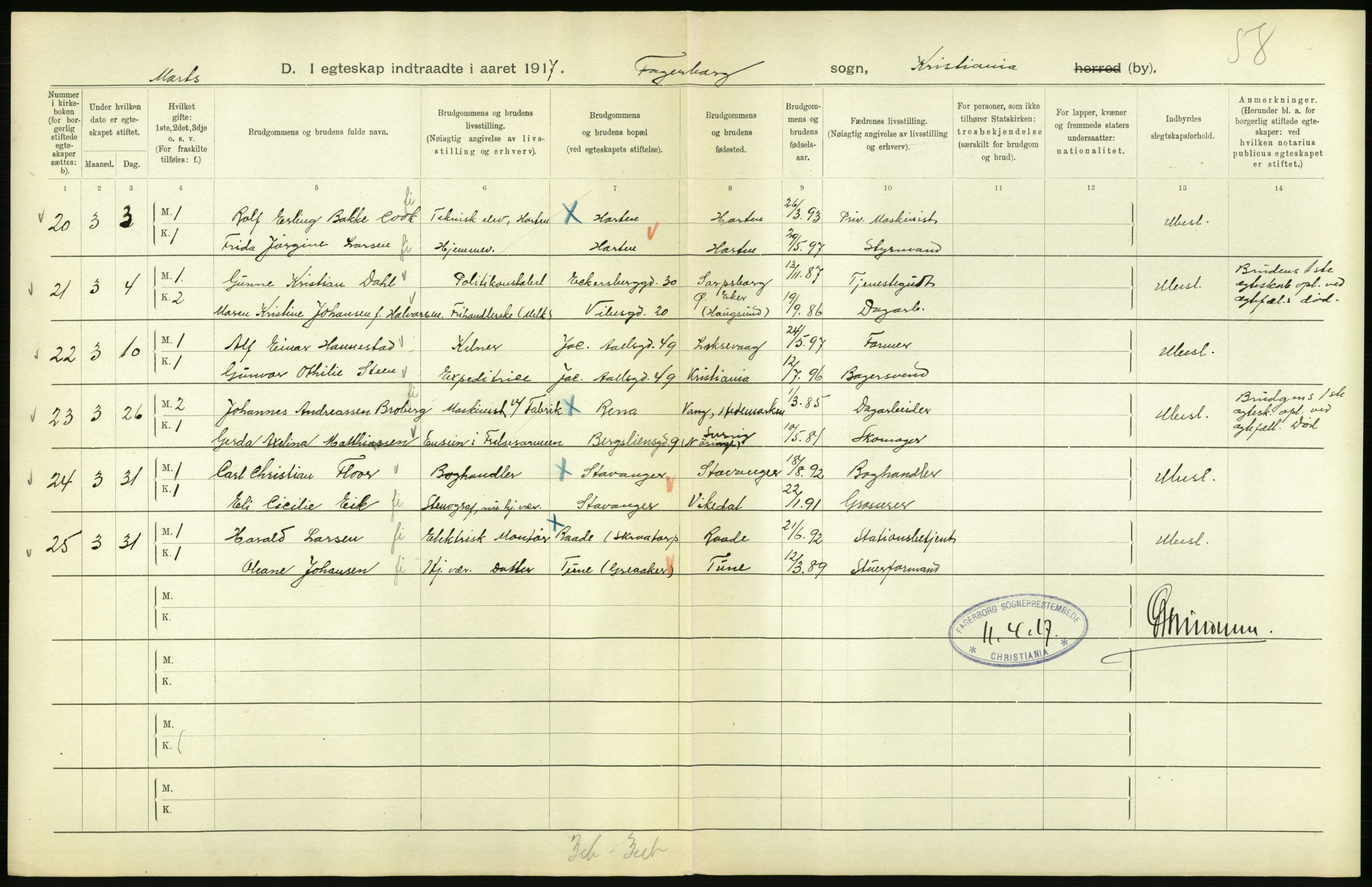 Statistisk sentralbyrå, Sosiodemografiske emner, Befolkning, AV/RA-S-2228/D/Df/Dfb/Dfbg/L0008: Kristiania: Gifte, 1917, p. 344