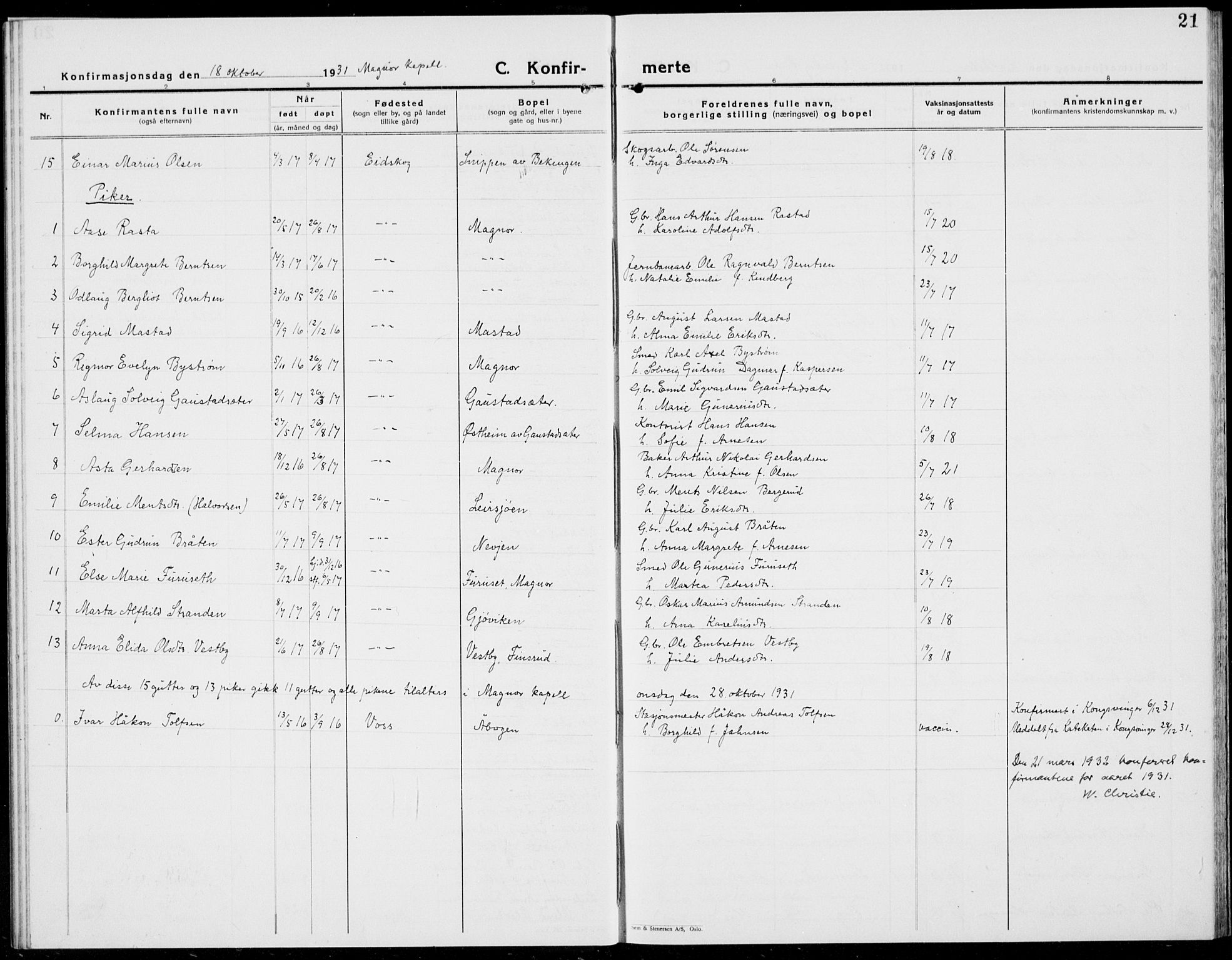 Eidskog prestekontor, SAH/PREST-026/H/Ha/Hab/L0007: Parish register (copy) no. 7, 1925-1938, p. 21