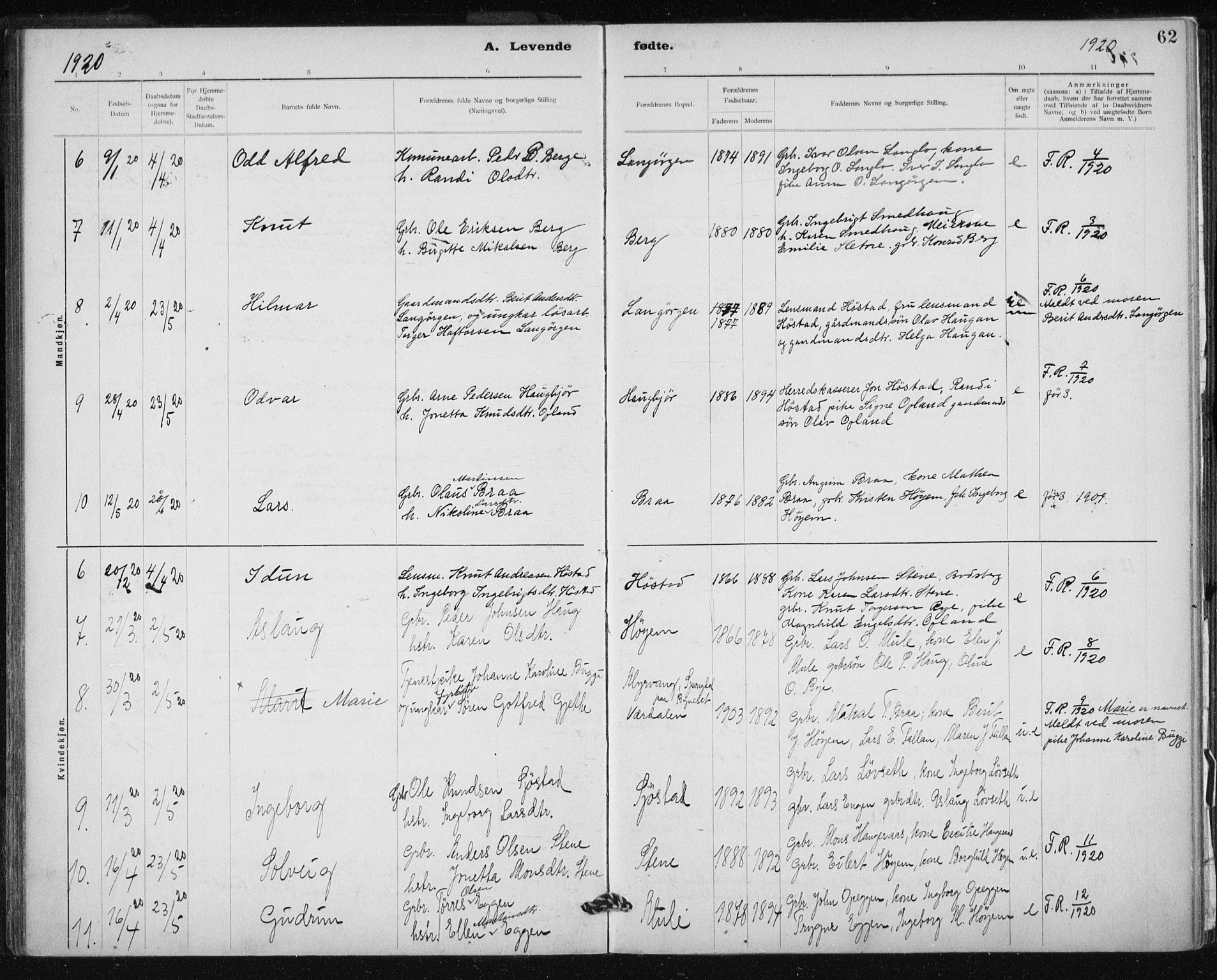 Ministerialprotokoller, klokkerbøker og fødselsregistre - Sør-Trøndelag, SAT/A-1456/612/L0381: Parish register (official) no. 612A13, 1907-1923, p. 62