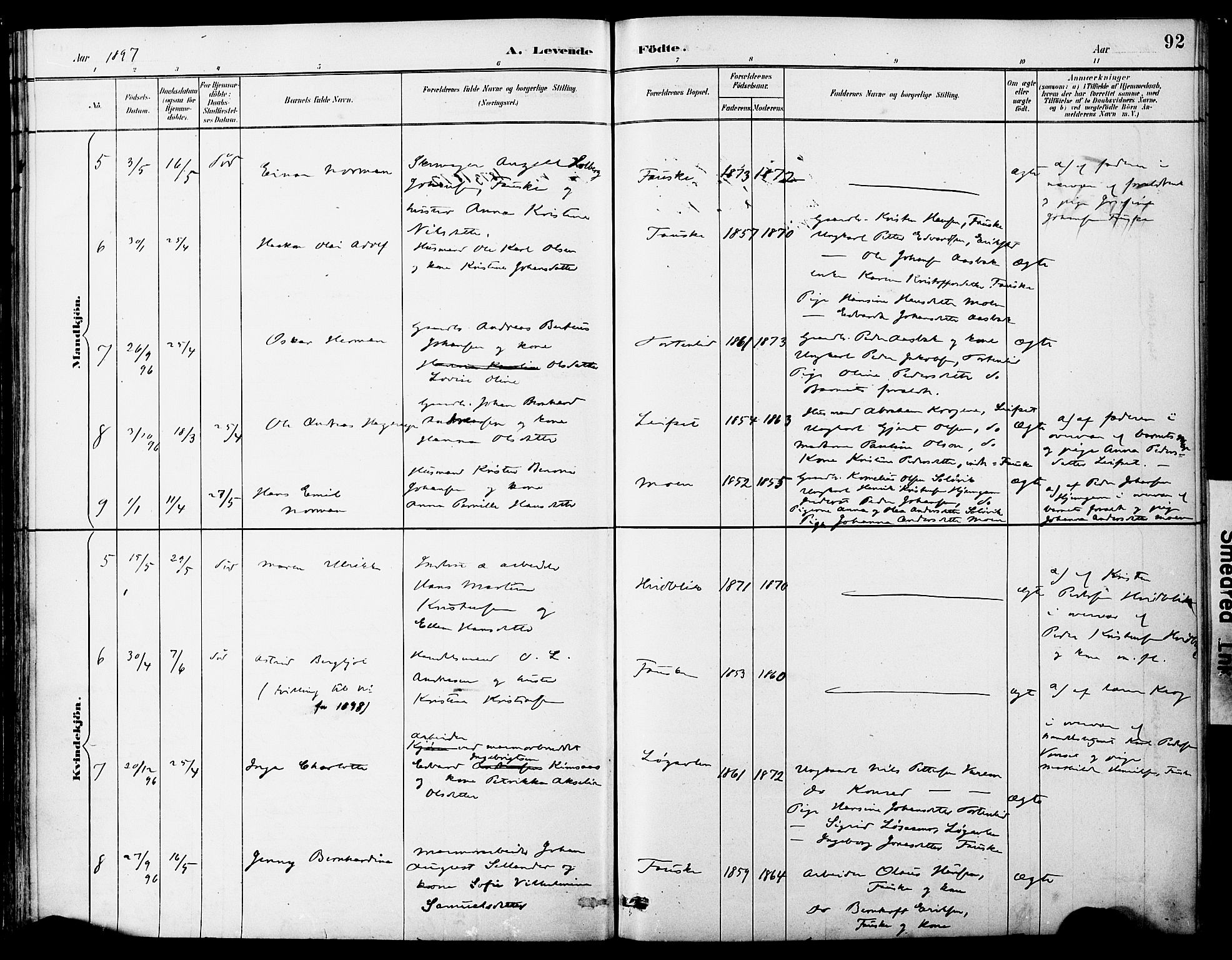 Ministerialprotokoller, klokkerbøker og fødselsregistre - Nordland, AV/SAT-A-1459/849/L0690: Parish register (official) no. 849A02, 1890-1897, p. 92