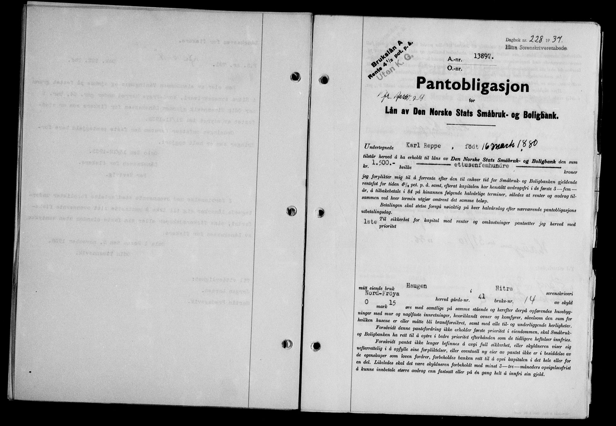 Hitra sorenskriveri, AV/SAT-A-0018/2/2C/2Ca/L0028: Mortgage book no. B-1, 1936-1939, Diary no: : 228/1937