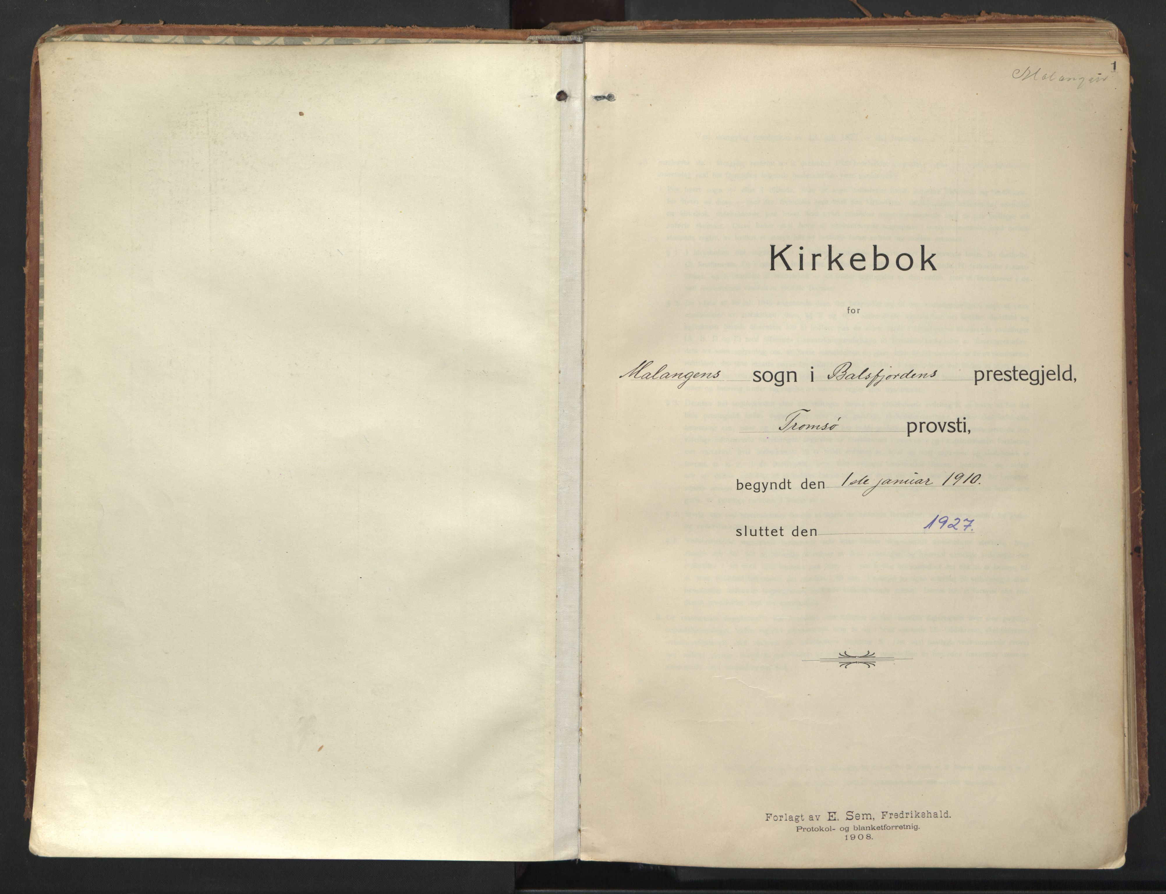 Balsfjord sokneprestembete, SATØ/S-1303/G/Ga/L0008kirke: Parish register (official) no. 8, 1910-1927, p. 1