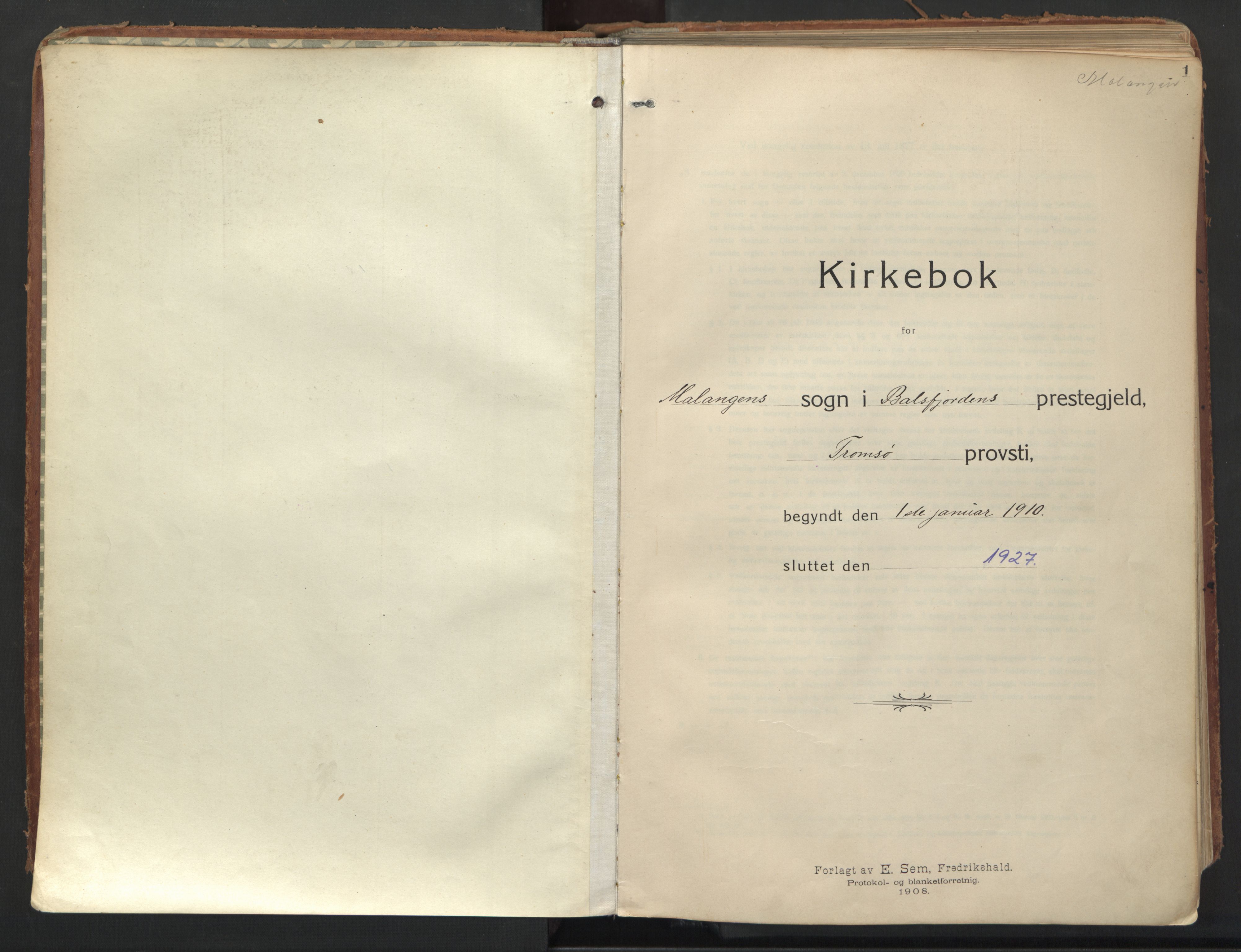 Balsfjord sokneprestembete, AV/SATØ-S-1303/G/Gaa/L0008kirke: Parish register (official) no. 8, 1910-1927, p. 1