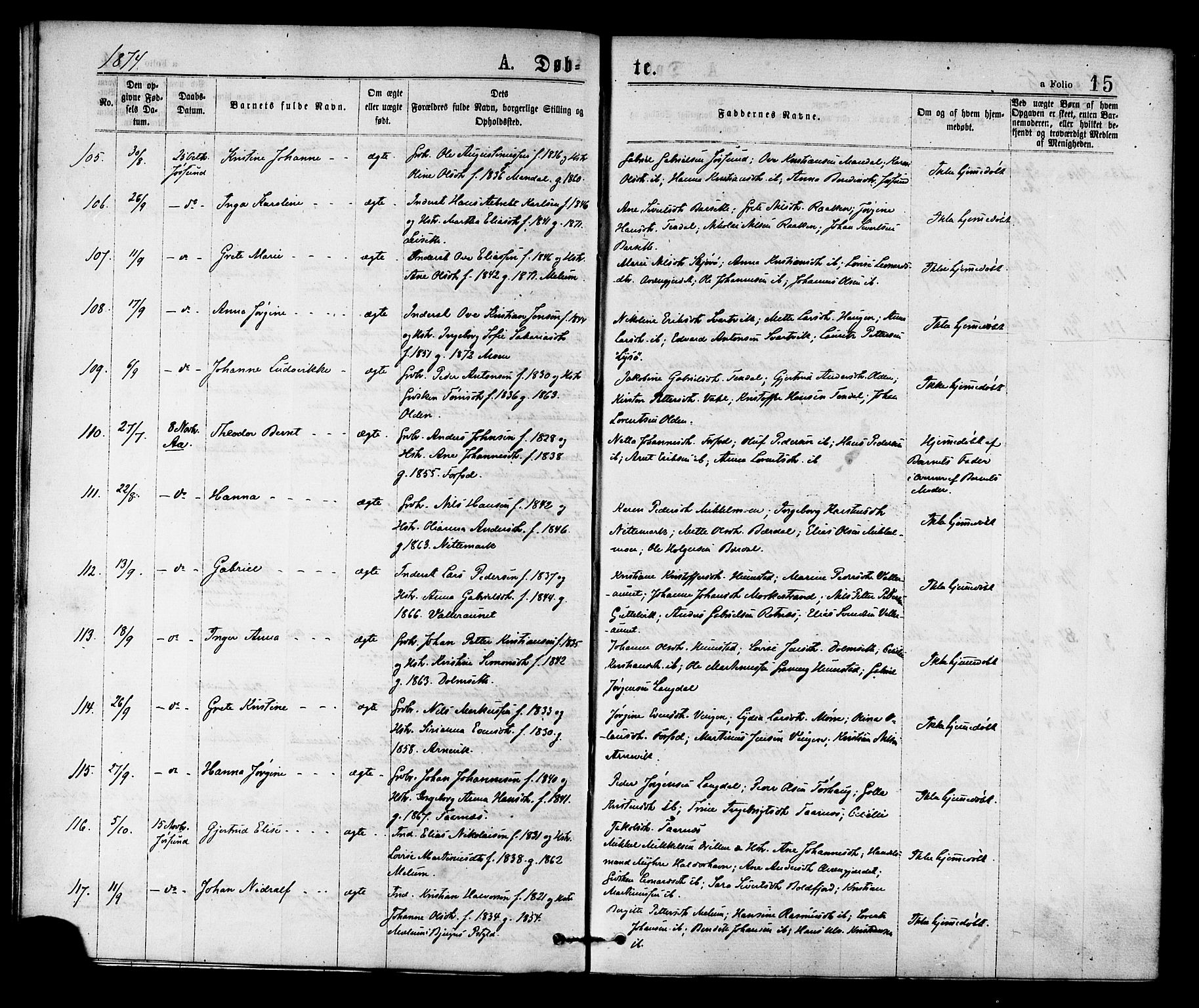 Ministerialprotokoller, klokkerbøker og fødselsregistre - Sør-Trøndelag, SAT/A-1456/655/L0679: Parish register (official) no. 655A08, 1873-1879, p. 15