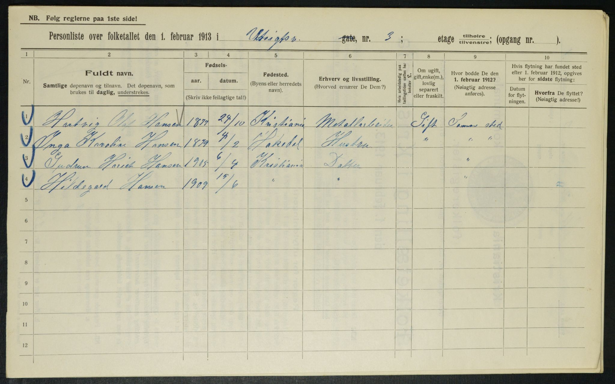 OBA, Municipal Census 1913 for Kristiania, 1913, p. 121256