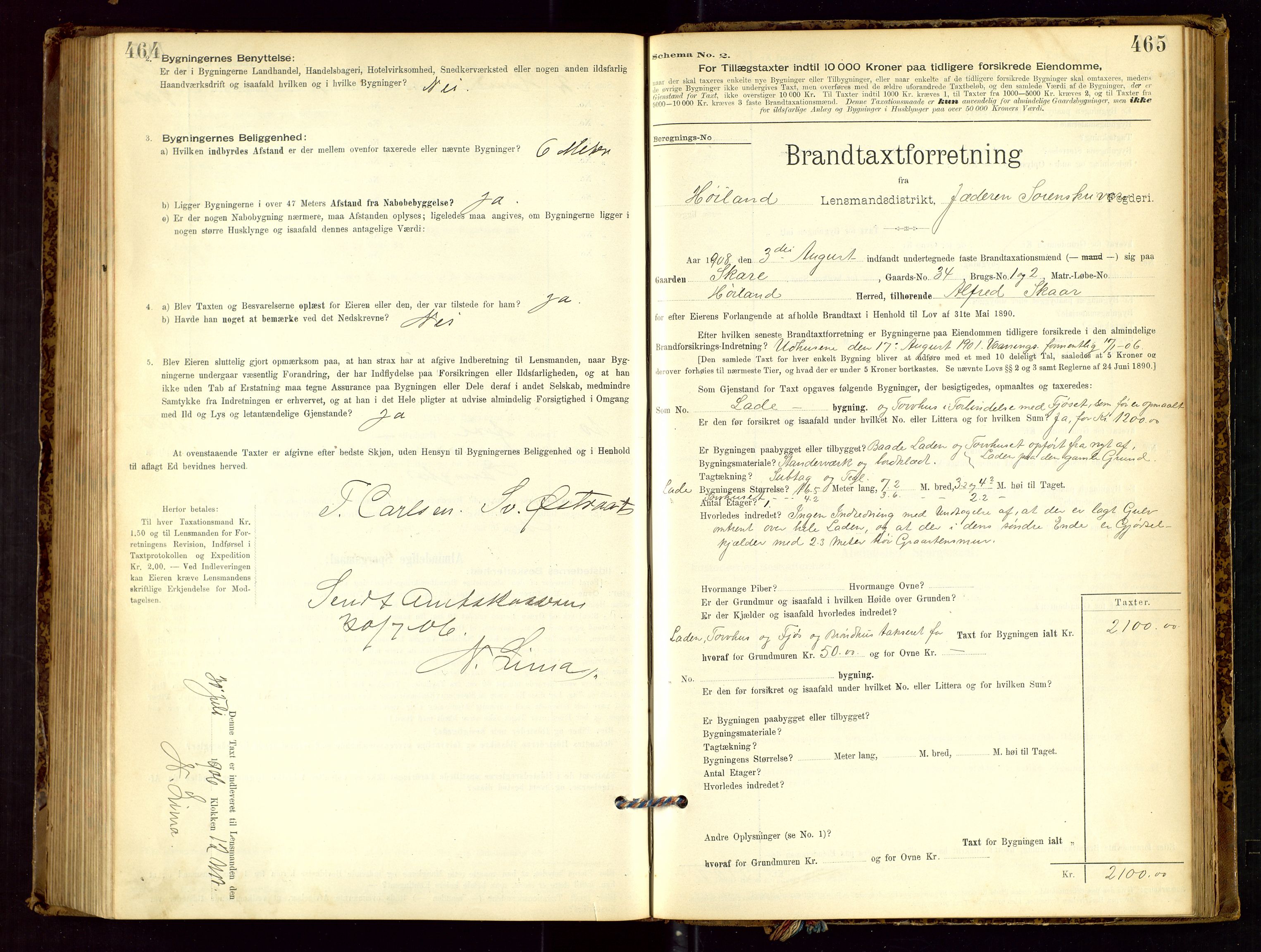 Høyland/Sandnes lensmannskontor, SAST/A-100166/Gob/L0001: "Brandtaxtprotokol", 1890-1913, p. 464-465