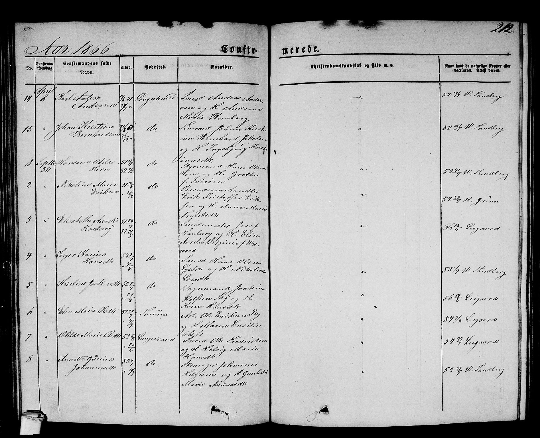 Larvik kirkebøker, SAKO/A-352/G/Gb/L0002: Parish register (copy) no. II 2, 1843-1866, p. 212
