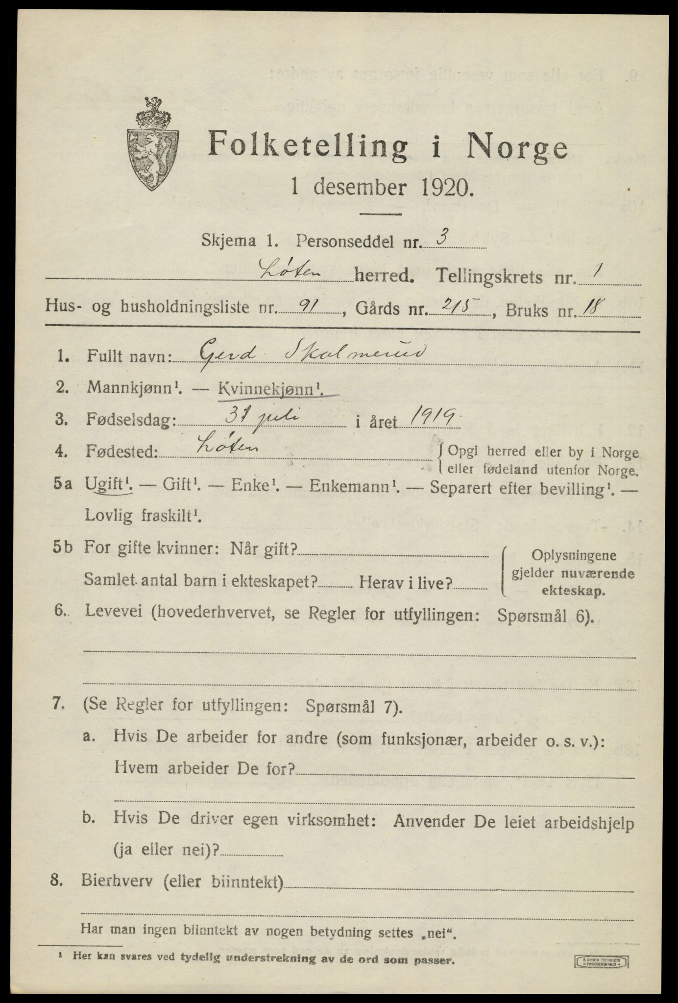 SAH, 1920 census for Løten, 1920, p. 3409