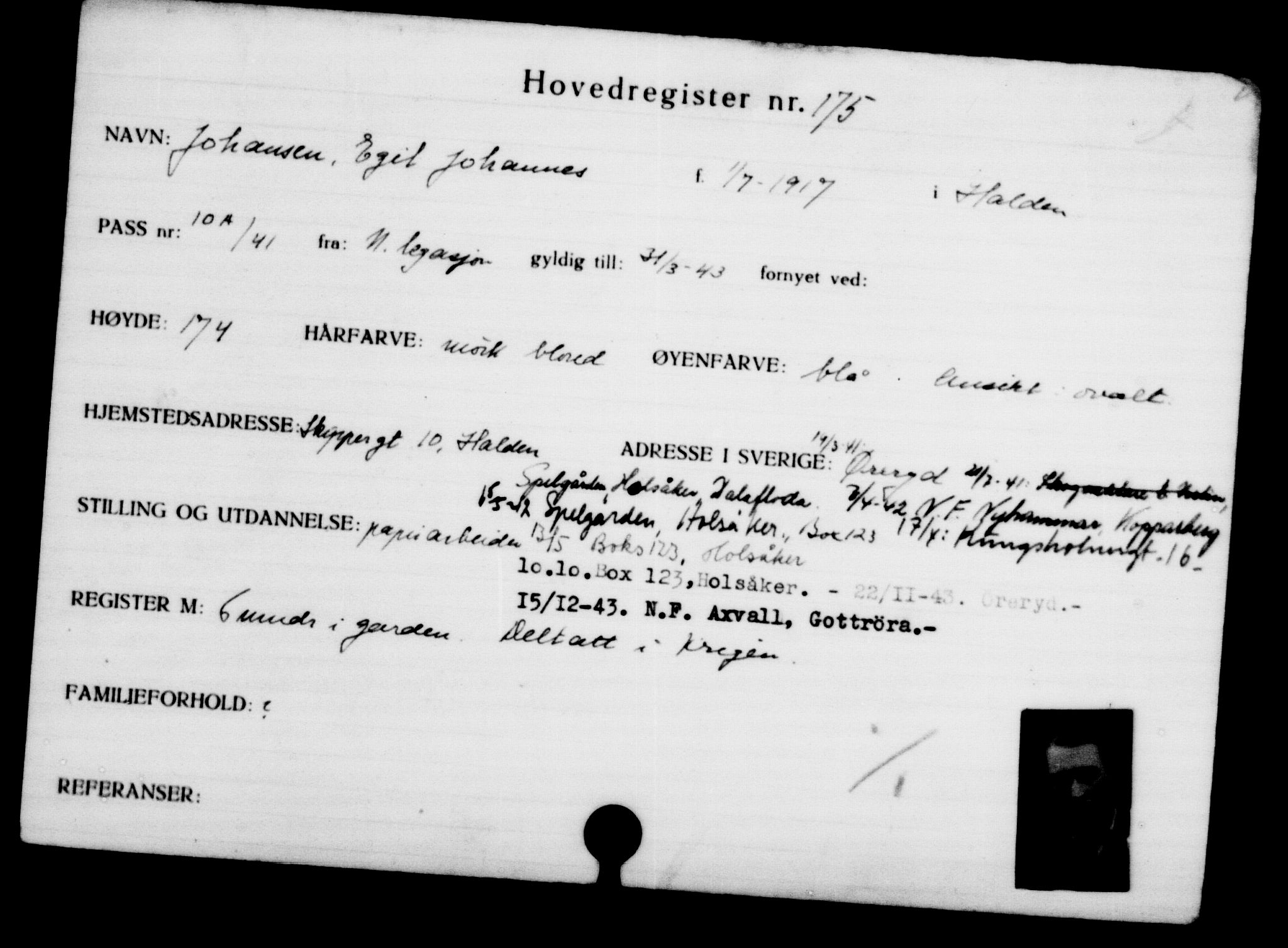 Utenriksstasjonene, Legasjonen i Stockholm, Flyktningkontoret, AV/RA-S-6753/V/Va/L0001: Kjesäterkartoteket, flyktninger med registreringsnr. 1-1000, 1940-1945, p. 283