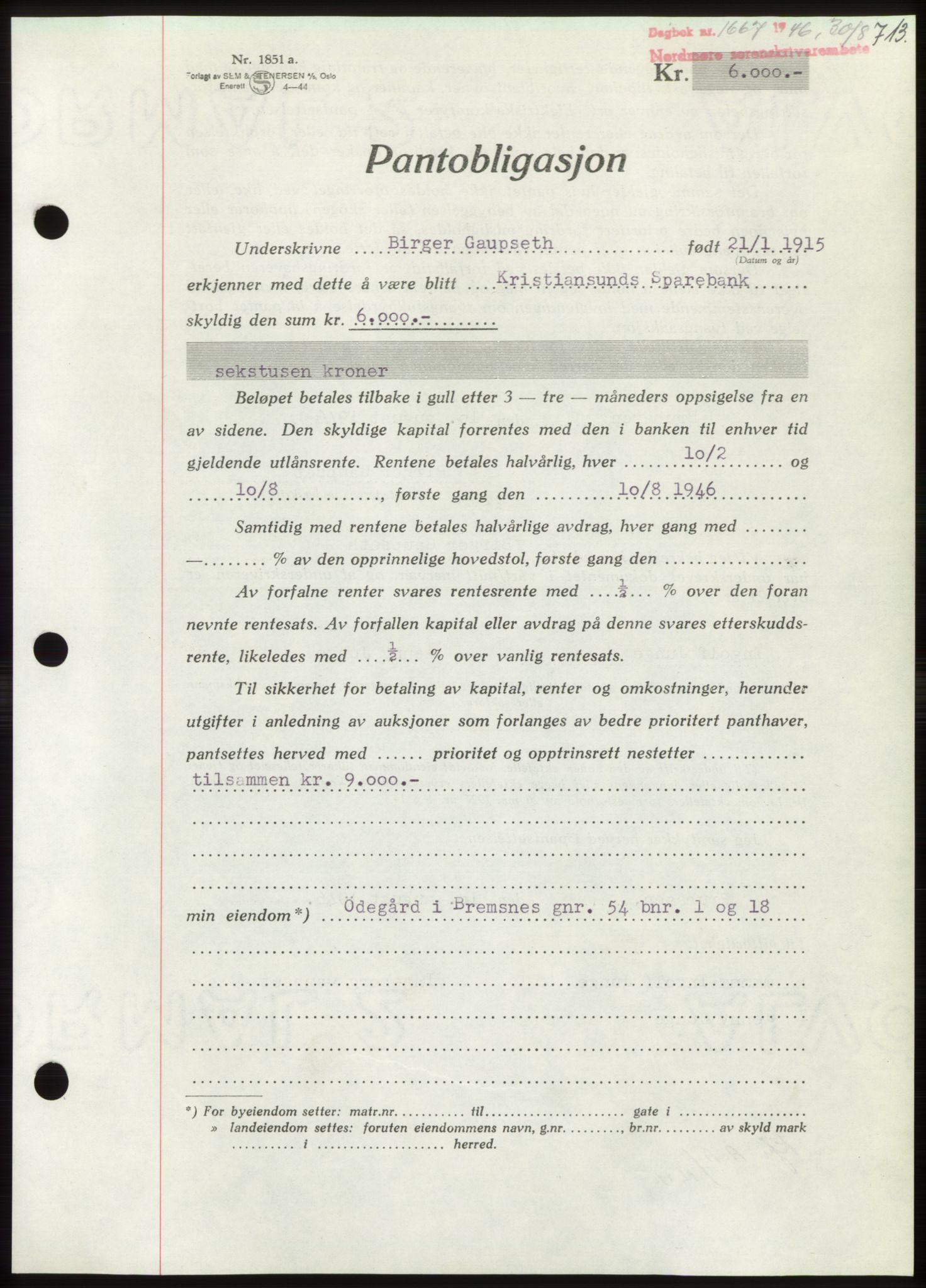 Nordmøre sorenskriveri, AV/SAT-A-4132/1/2/2Ca: Mortgage book no. B94, 1946-1946, Diary no: : 1667/1946