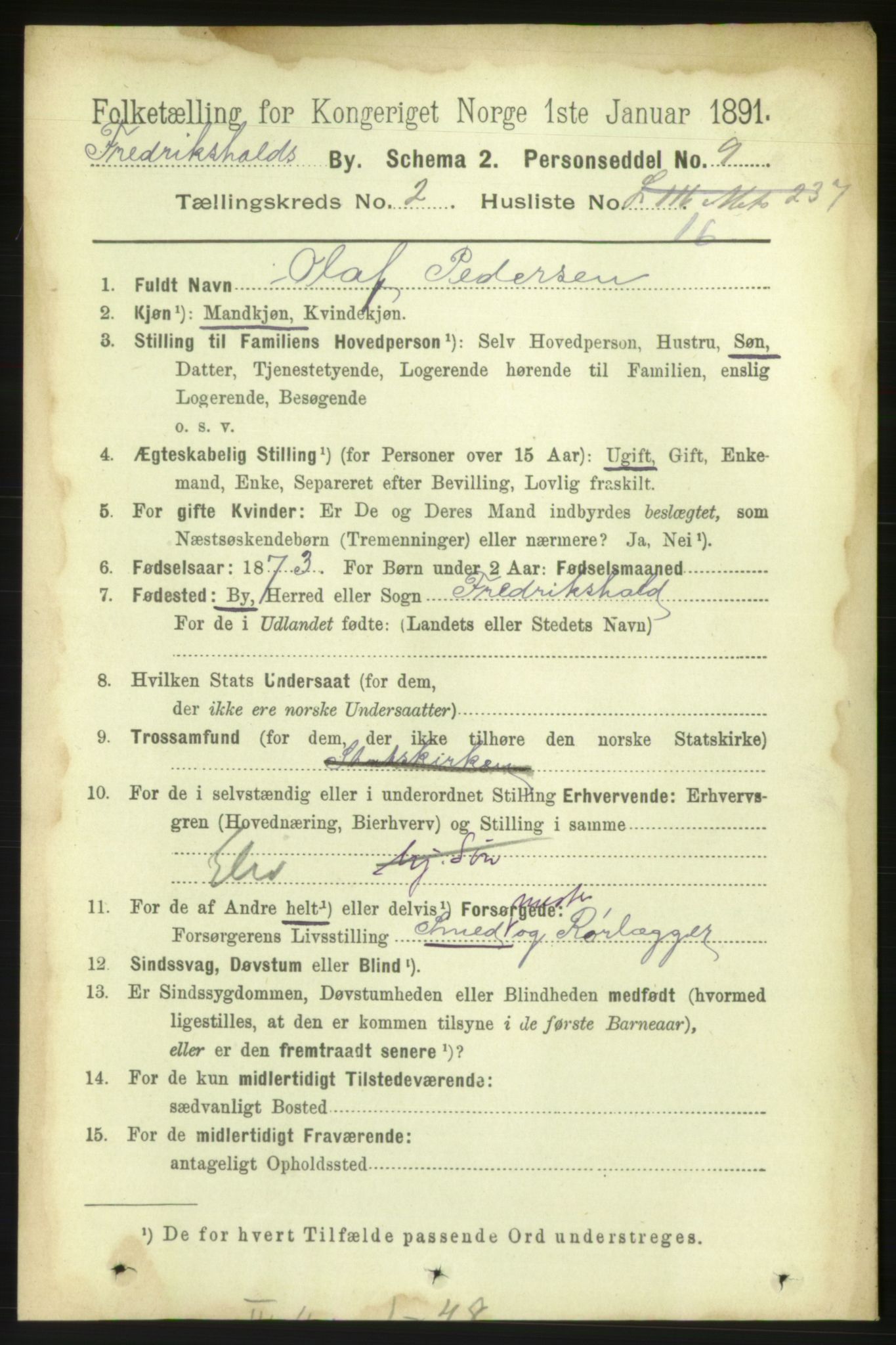 RA, 1891 census for 0101 Fredrikshald, 1891, p. 2828