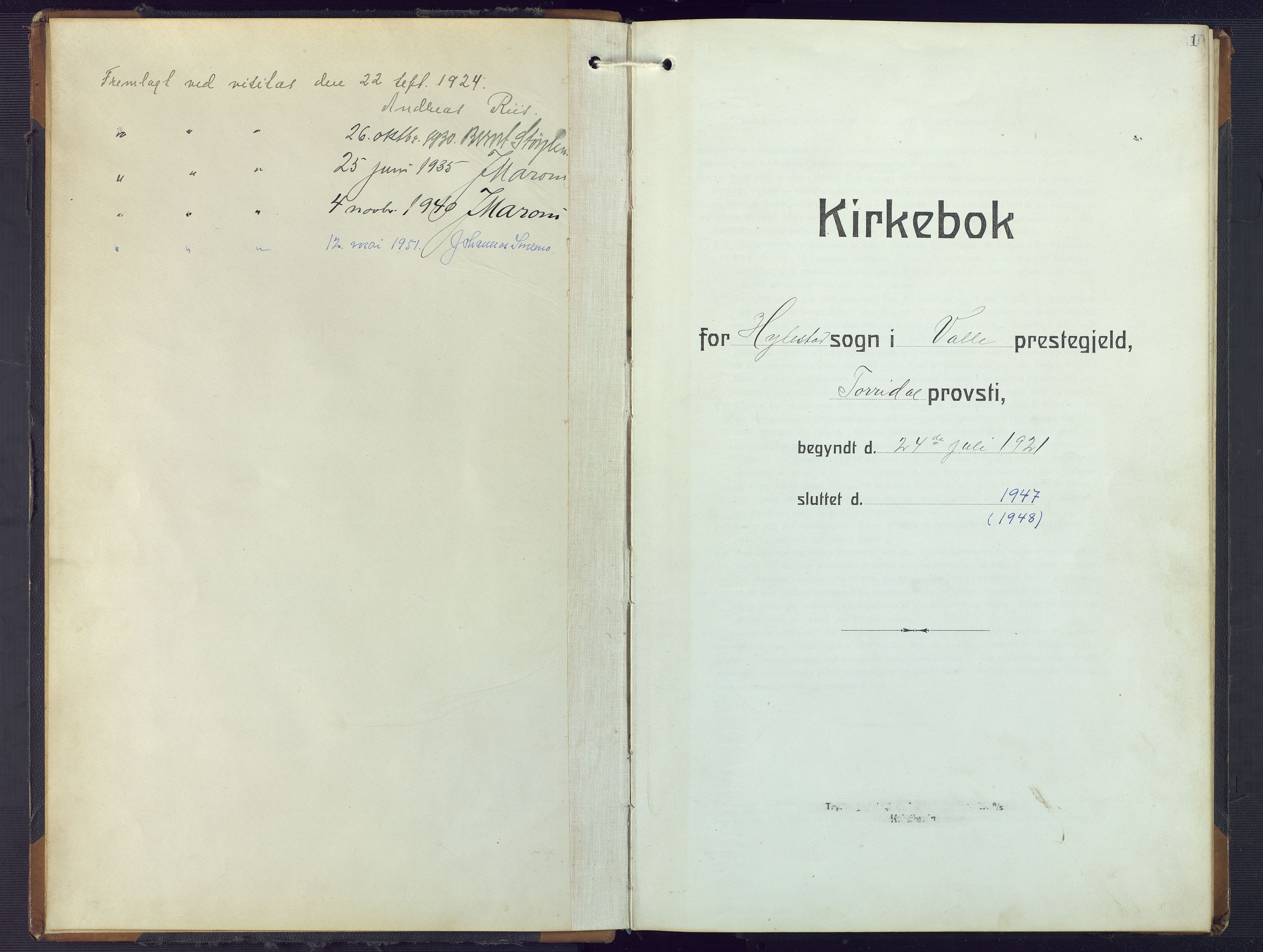 Valle sokneprestkontor, SAK/1111-0044/F/Fb/Fbb/L0003: Parish register (copy) no. B 3, 1921-1948, p. 1