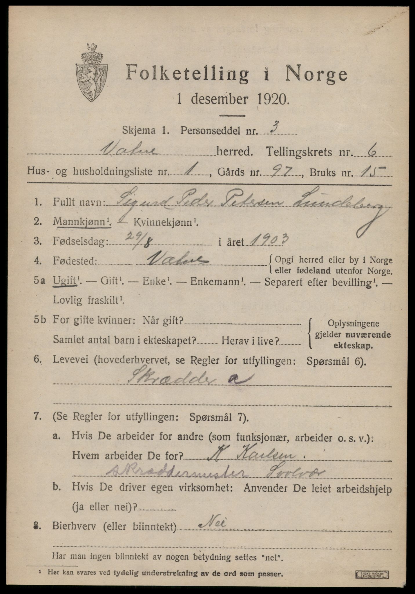 SAT, 1920 census for Vatne, 1920, p. 2696