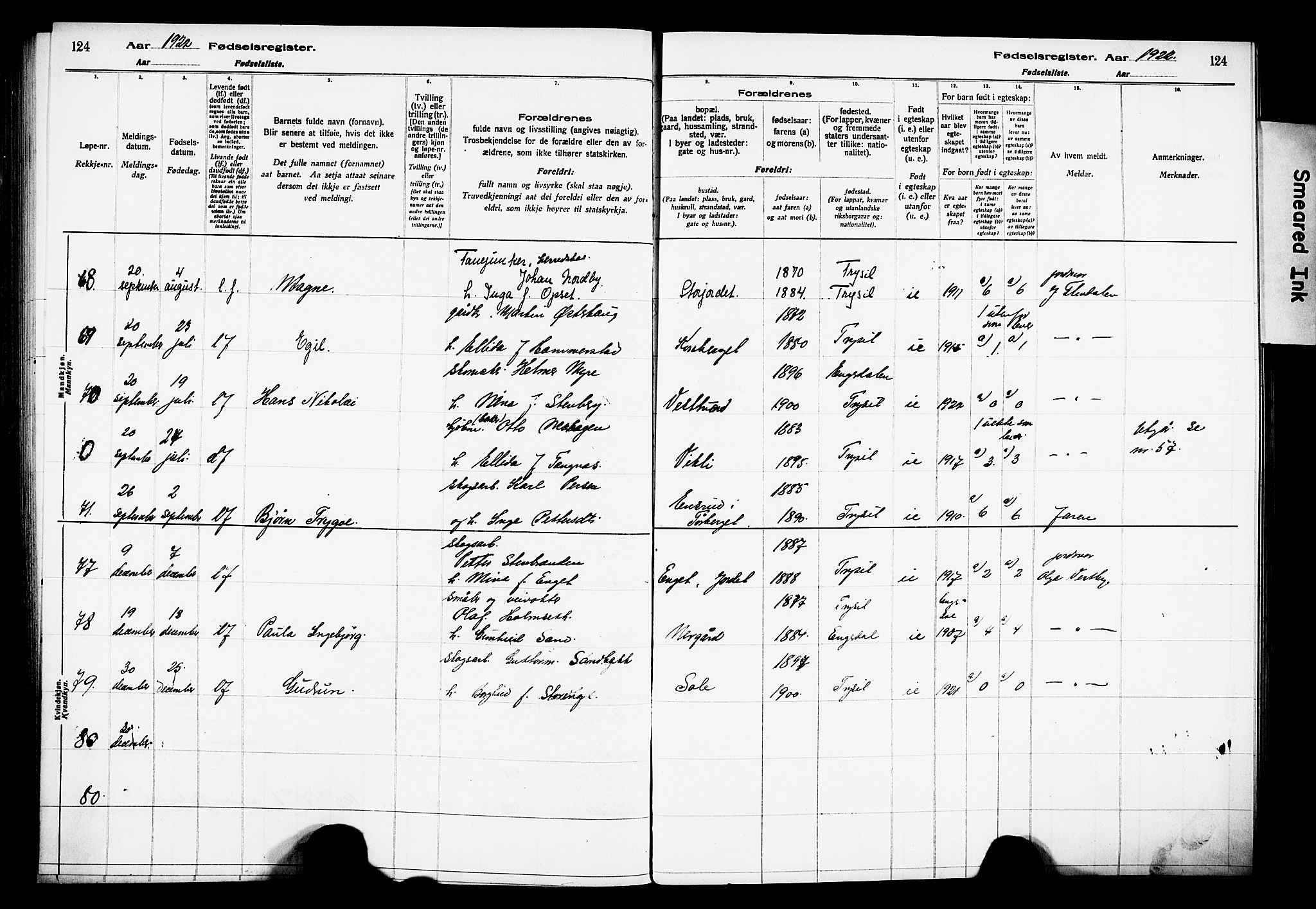 Trysil prestekontor, AV/SAH-PREST-046/I/Id/Ida/L0001: Birth register no. I 1, 1916-1927, p. 124