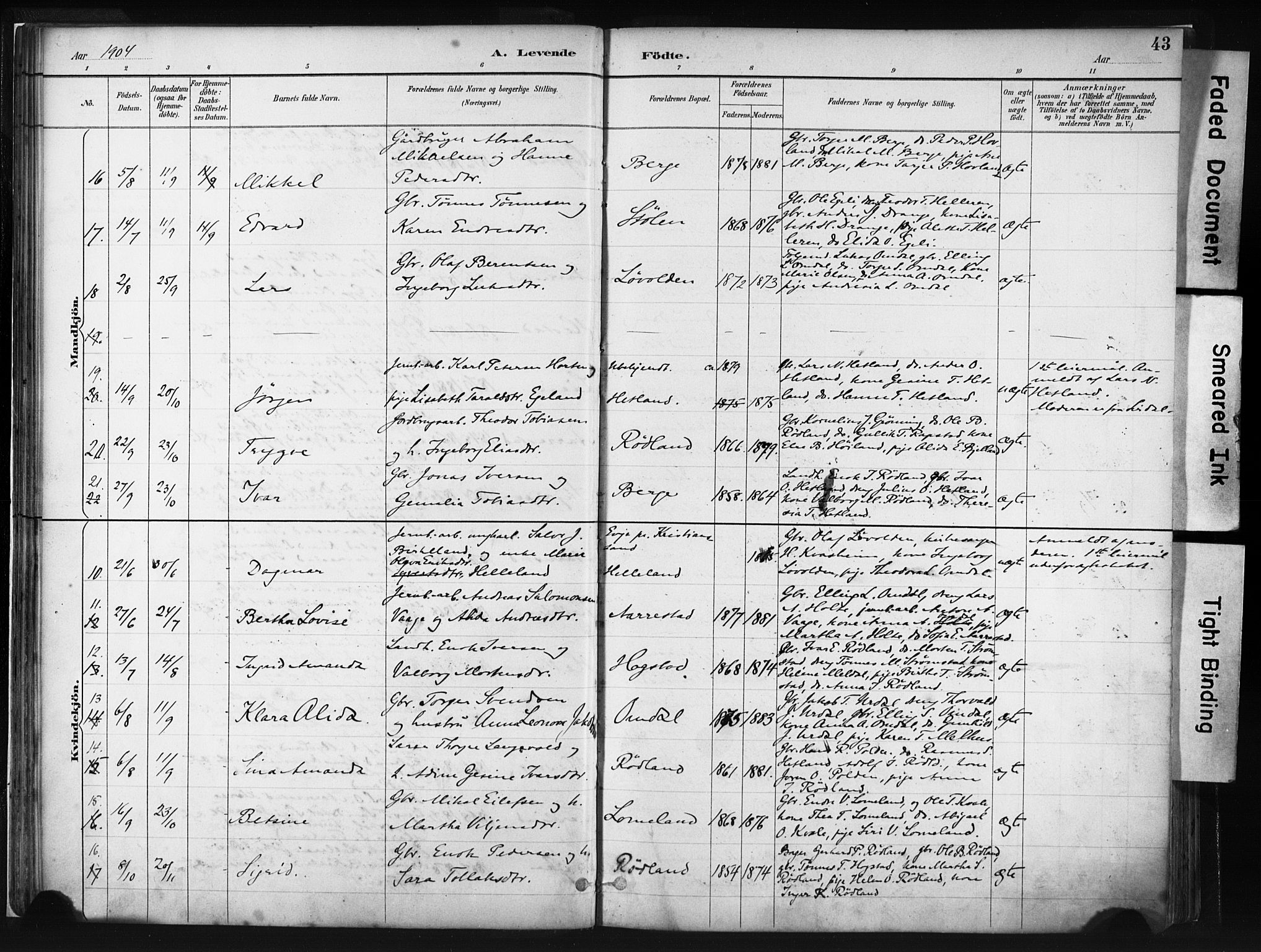 Helleland sokneprestkontor, AV/SAST-A-101810: Parish register (official) no. A 8, 1887-1907, p. 43