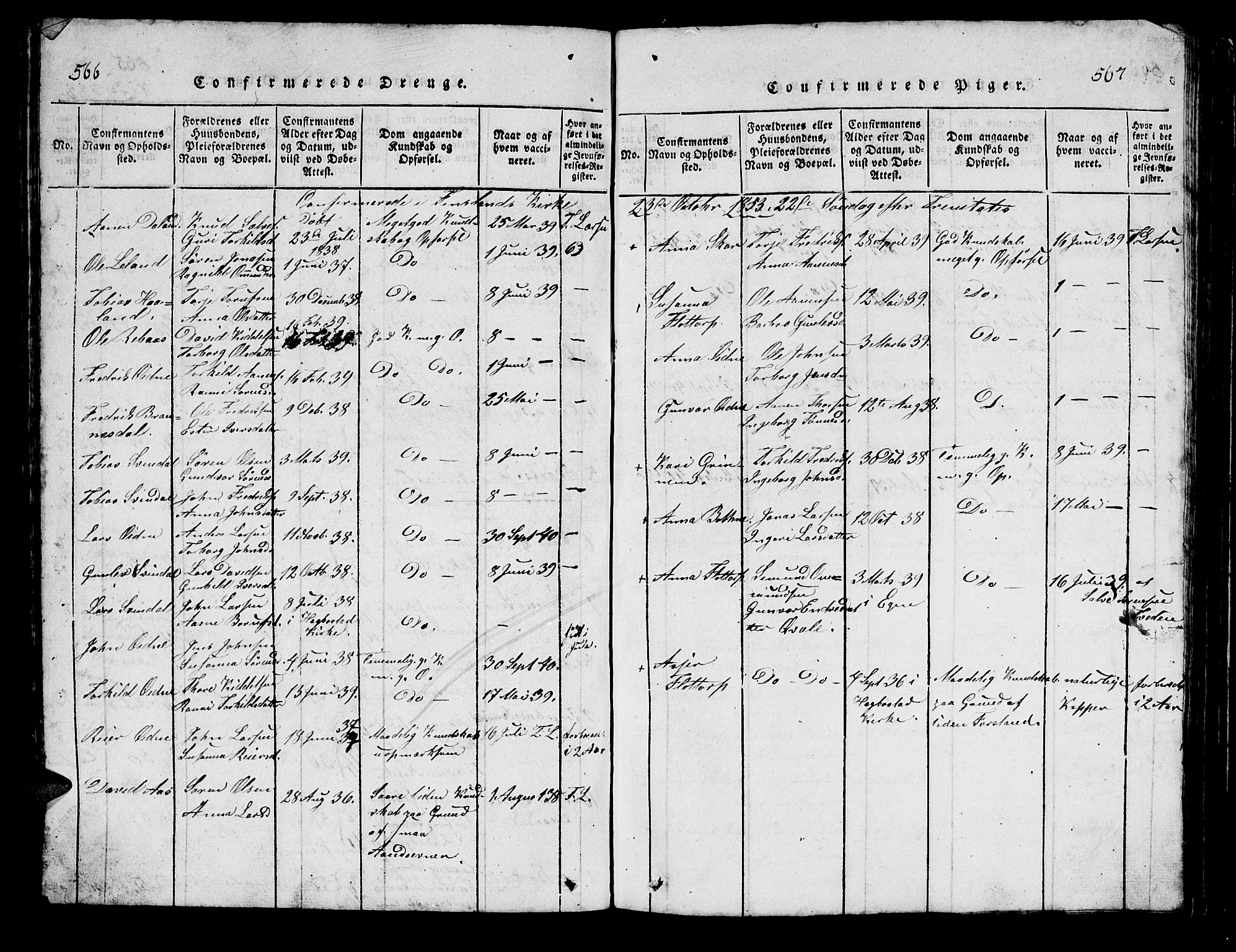 Bjelland sokneprestkontor, SAK/1111-0005/F/Fb/Fbc/L0001: Parish register (copy) no. B 1, 1815-1870, p. 566-567